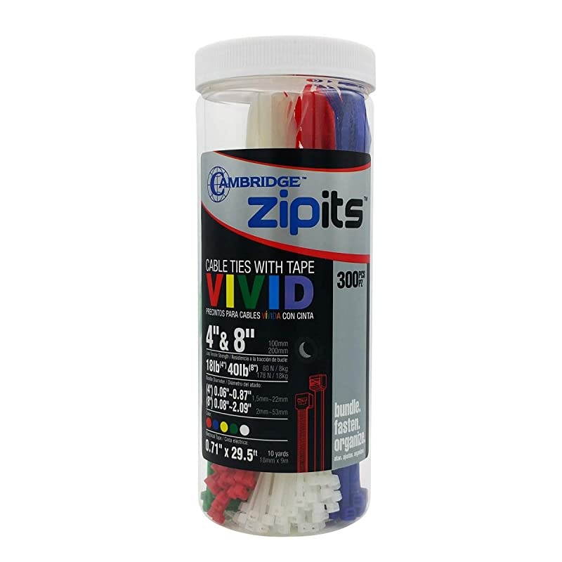 ZipIts Cable Ties Assortment 300 Pieces 4 Inch 8 Inch Zip Ties Assorted Colors Plus 1 Roll of Black Electrical Tape UL Listed Contractor Quality Industrial Strength