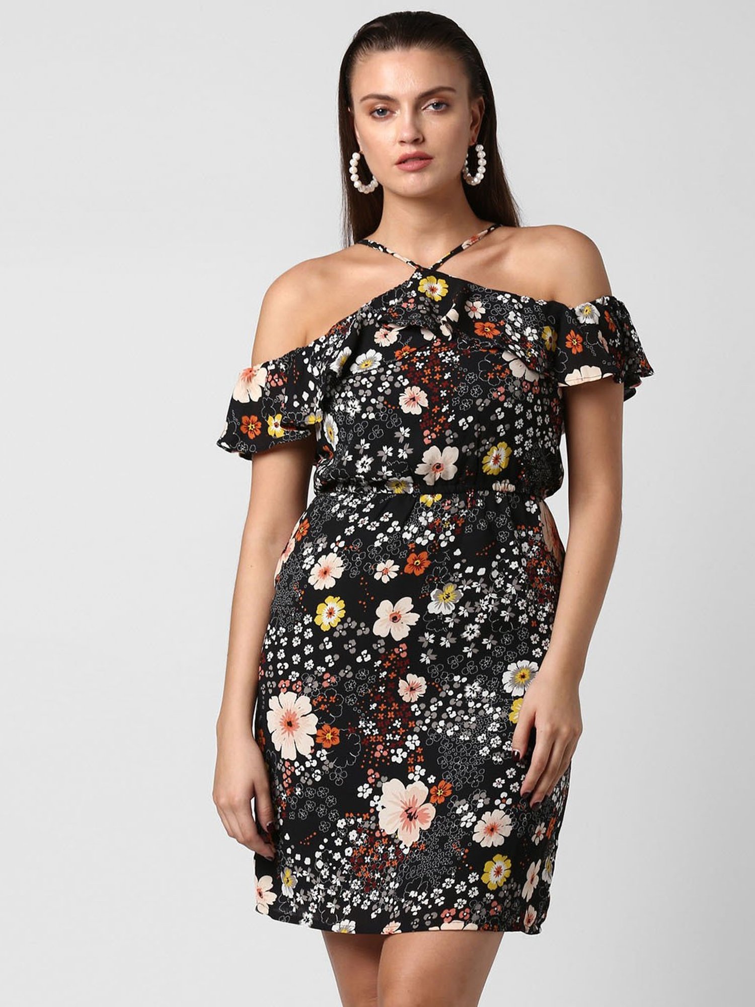 StyleStone Black Floral Print A Line Dress