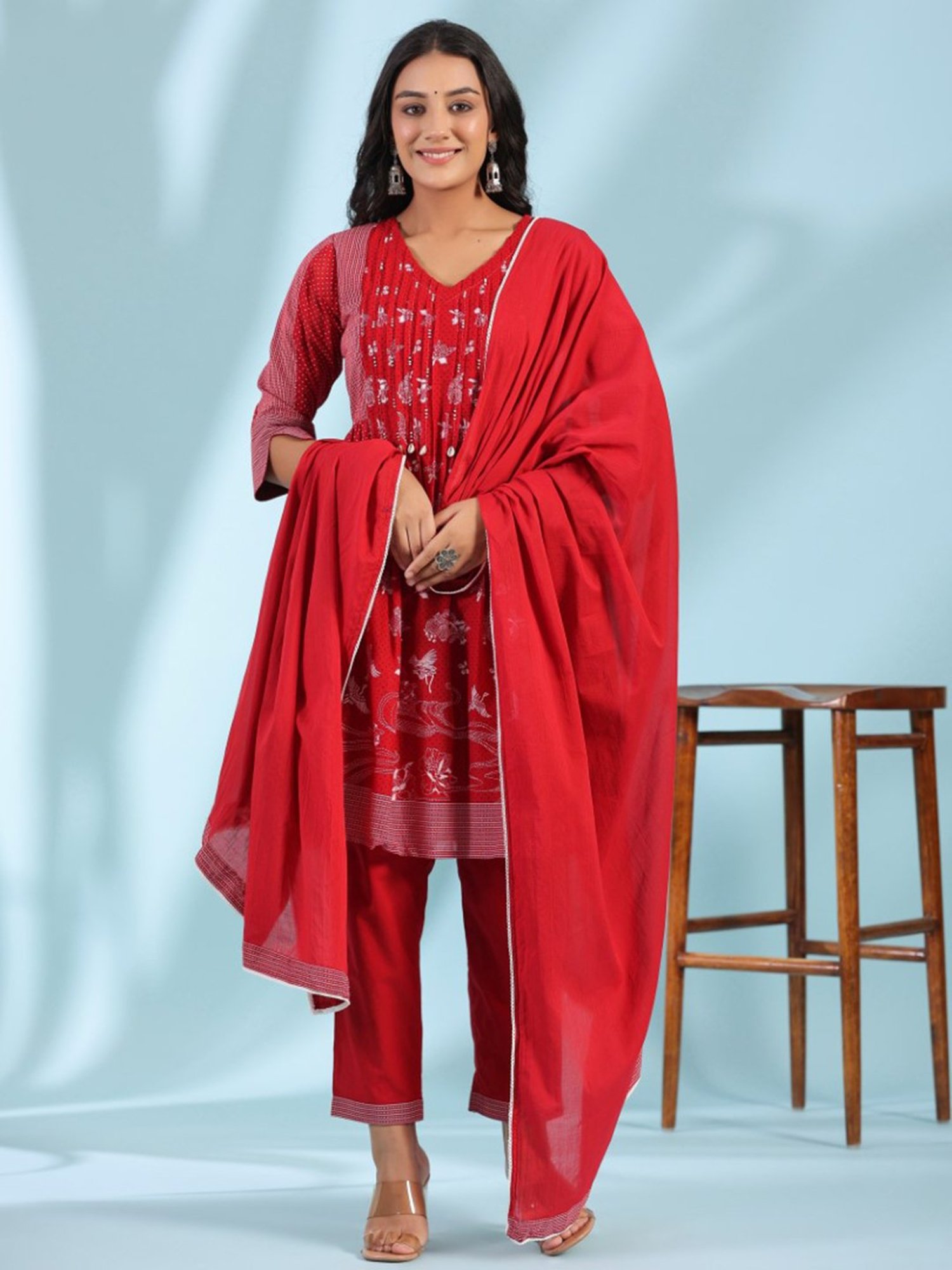Juniper Red Ethnic Motif Cotton Voile Kurta With Pant & Dupatta With Pintucks At Front & Beadwork