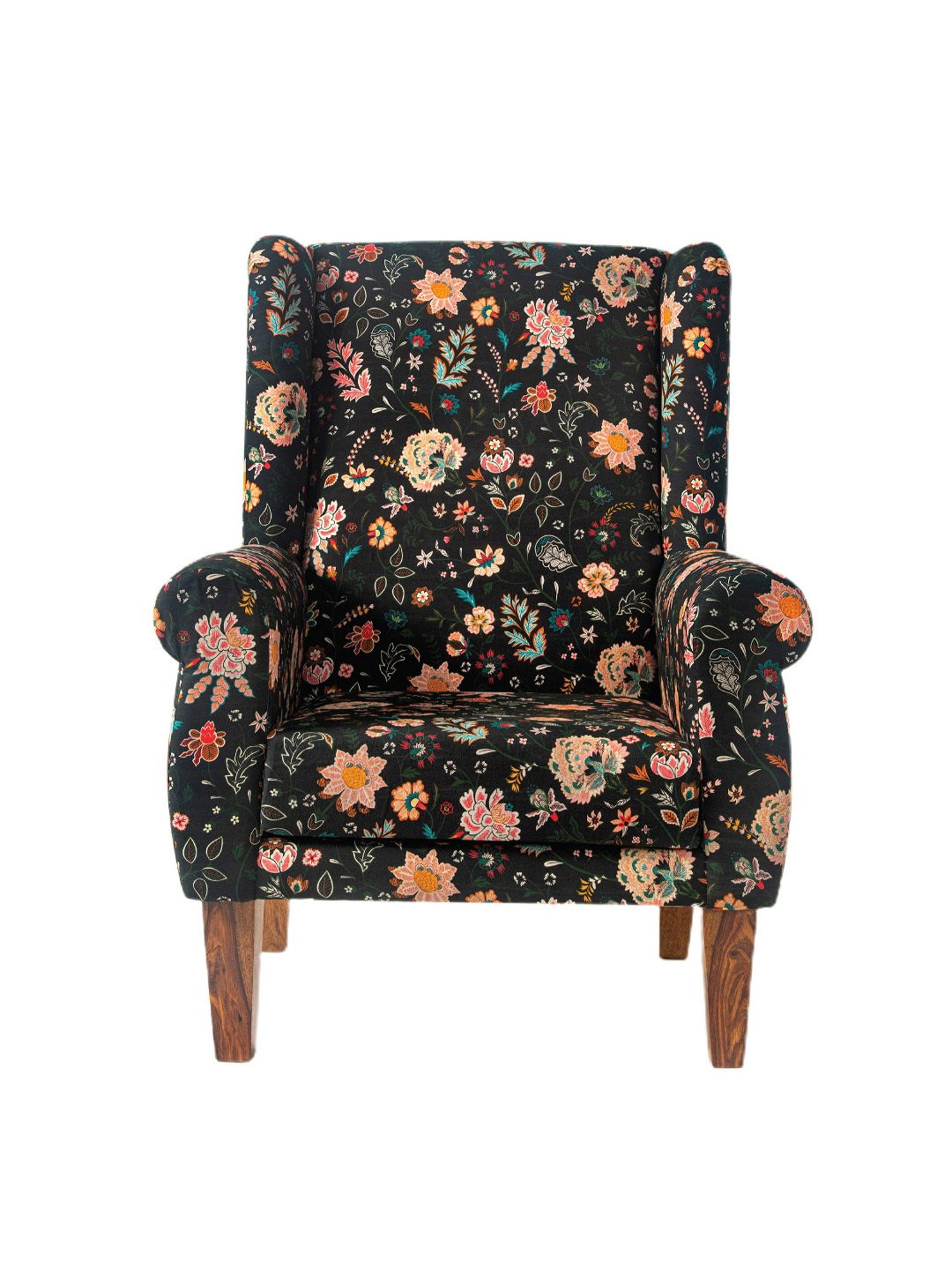 Chumbak Bohemian Paisleys Floral Black Sheesham Wood Begum Wing Chair