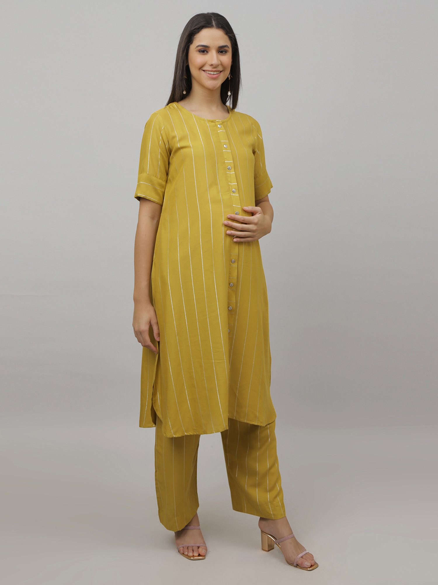 The Mom Store Yellow Striped Maternity & Nursing Kurta Pant Set