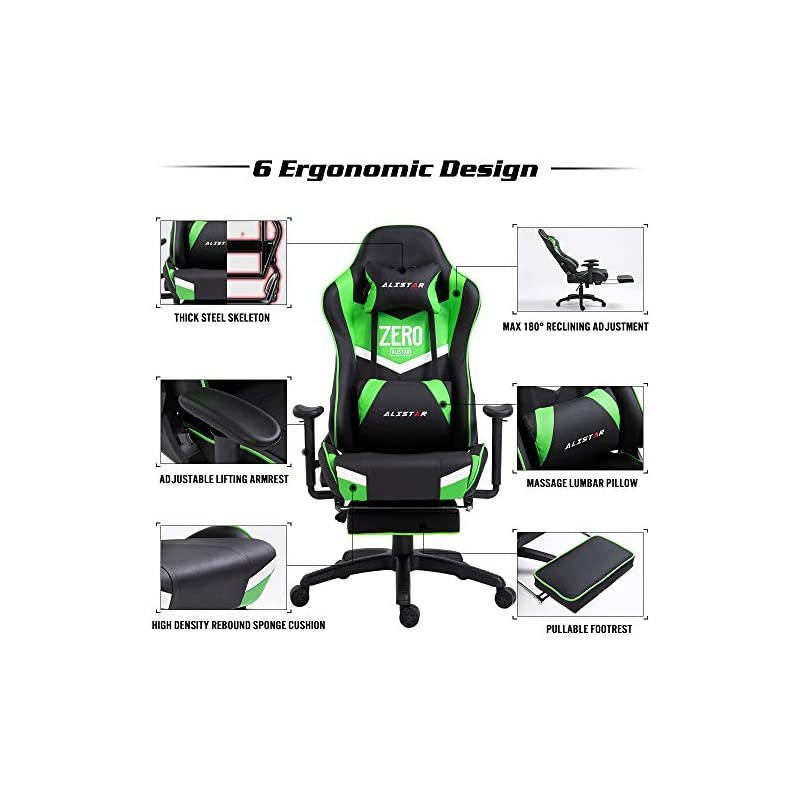 Gaming Chair Racing Office Chair High Back Computer Desk Chair PU Leather Chair Ergonomic and Executive Swivel Chair with Footrest Headrest and Lumbar Massage Support (AL-6019-PINK)