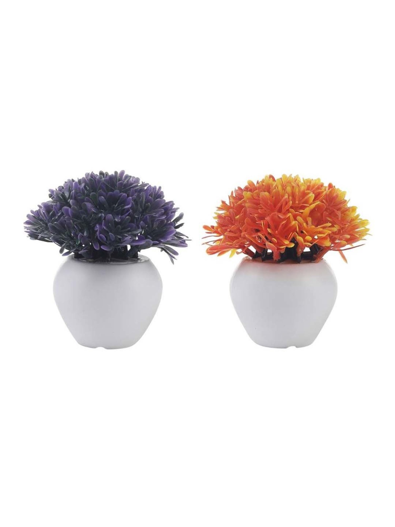 Foliyaj Purple & Orange Plastic Artificial Mini Bush With Leaves - Set of 2