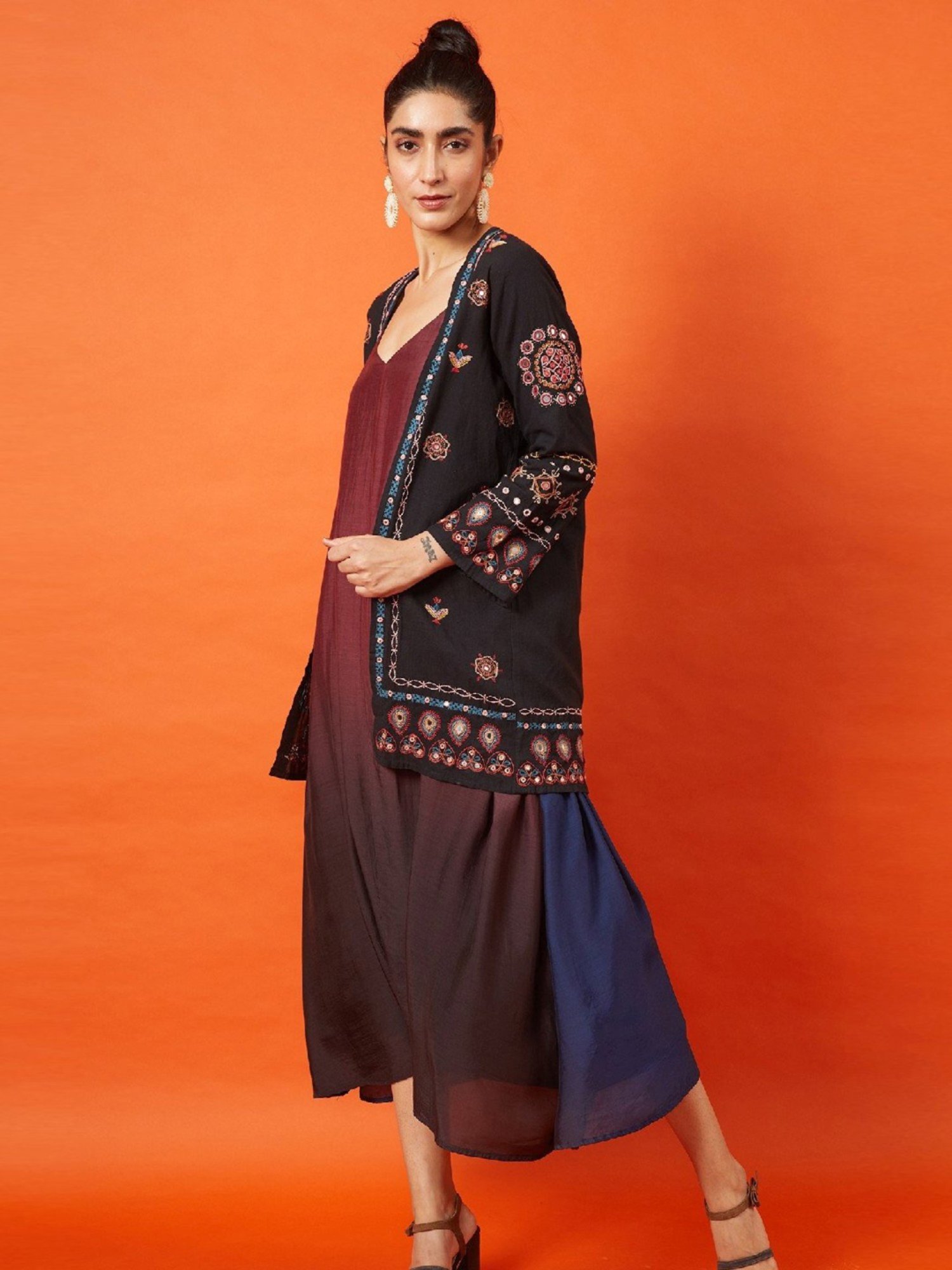 Okhai Maharani Black Pure Cotton Kutch Hand Embroidered Long Jacket
