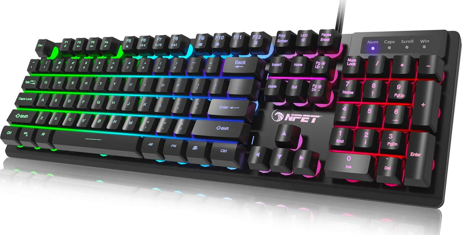K10 Gaming Keyboard USB Wired Floating Keyboard, Quiet Ergonomic Water-Resistant Mechanical Feeling Keyboard, Ultra-Slim Rainbow LED Backlit Keyboard for Desktop, Computer, PC