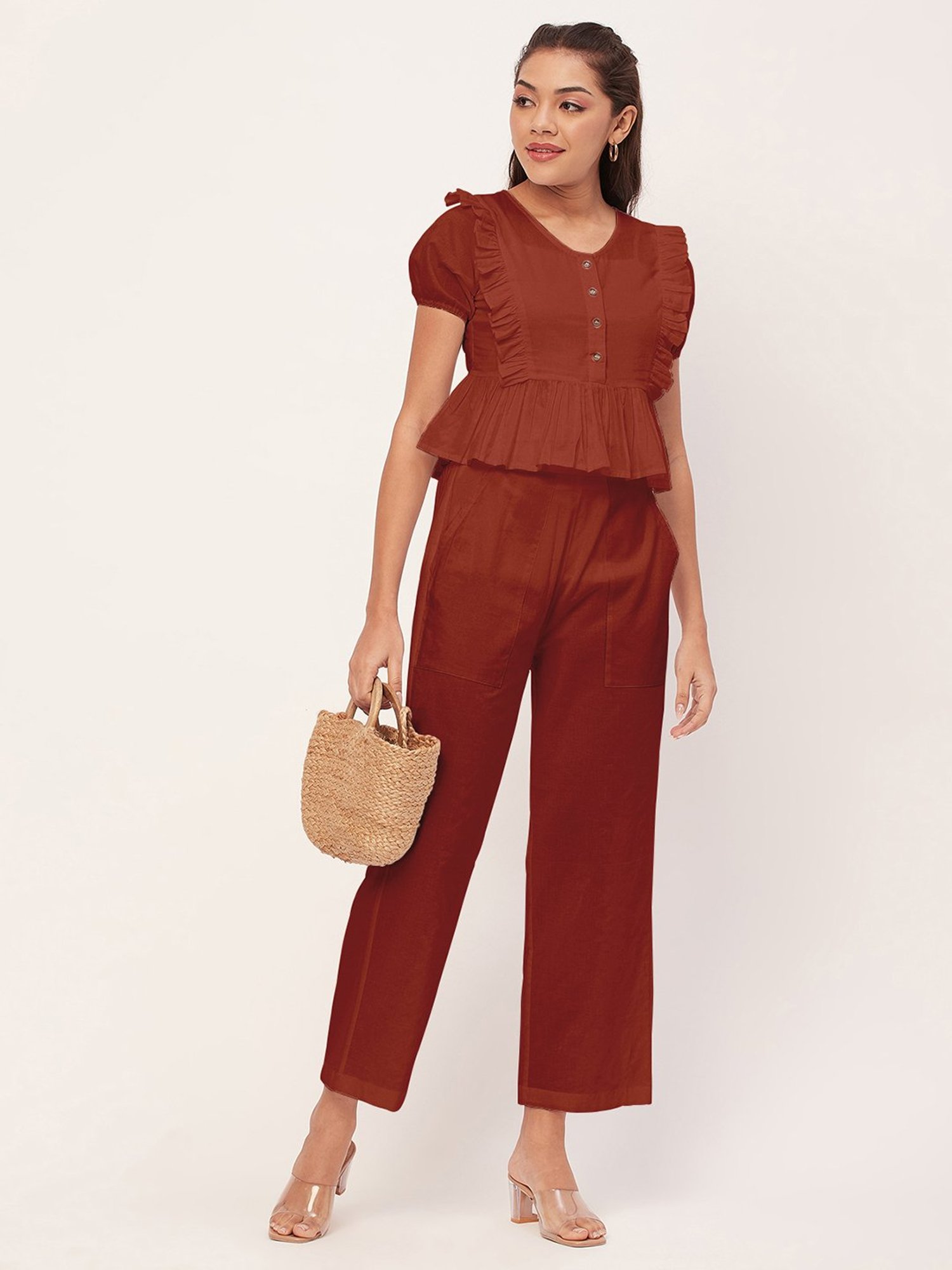 Moomaya Red Cotton Midi Co-ord Set
