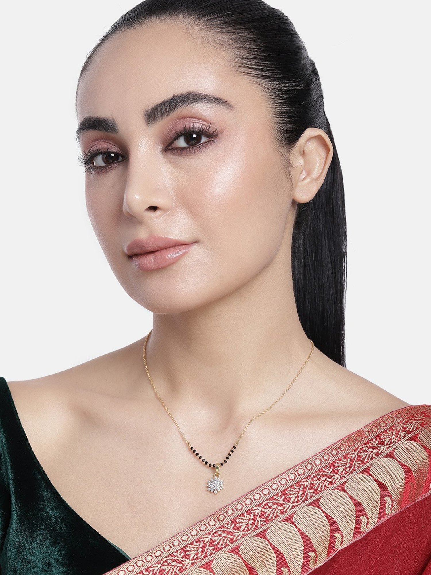 Abdesigns Gold-Plated American Diamond & Black Beaded Mangalsutra