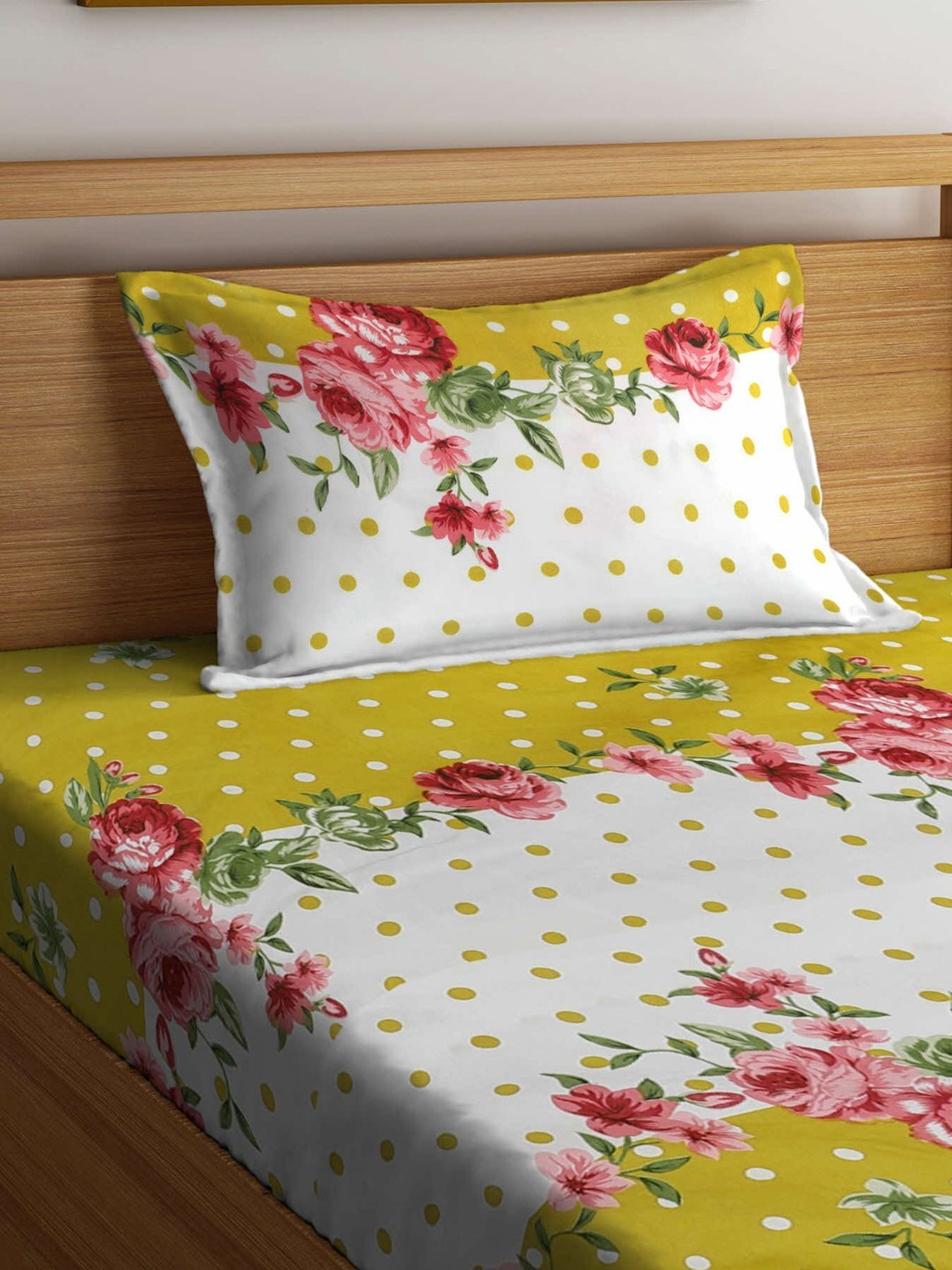 Klotthe Floral White & Yellow 300 TC Cotton Blend Single Bed Sheet with Pillow Cover