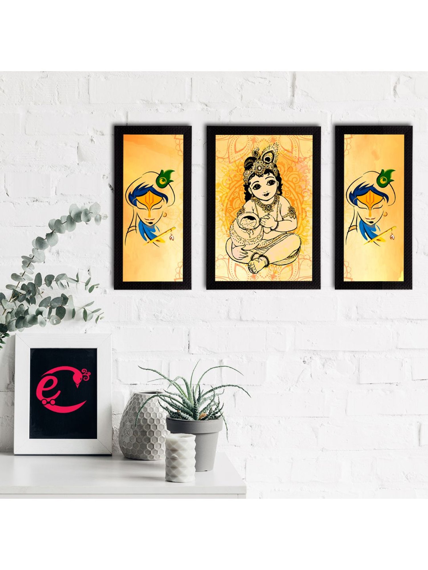 eCraftIndia Set of 3 Lord Krishna Satin Matt Texture UV Art Painting