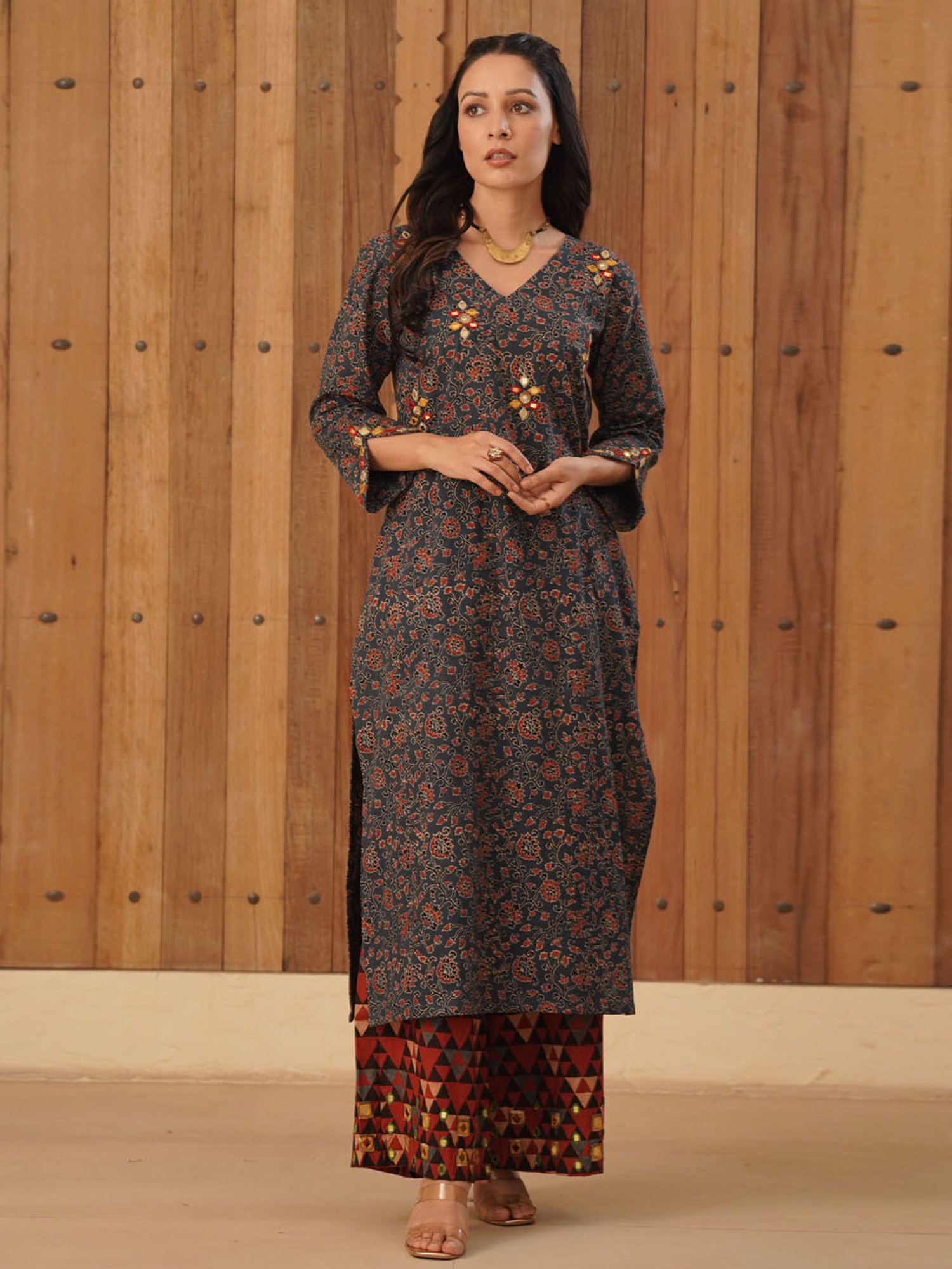 Love Chic Ajrakh Flare Kurta with side slits and 3/4th sleeves