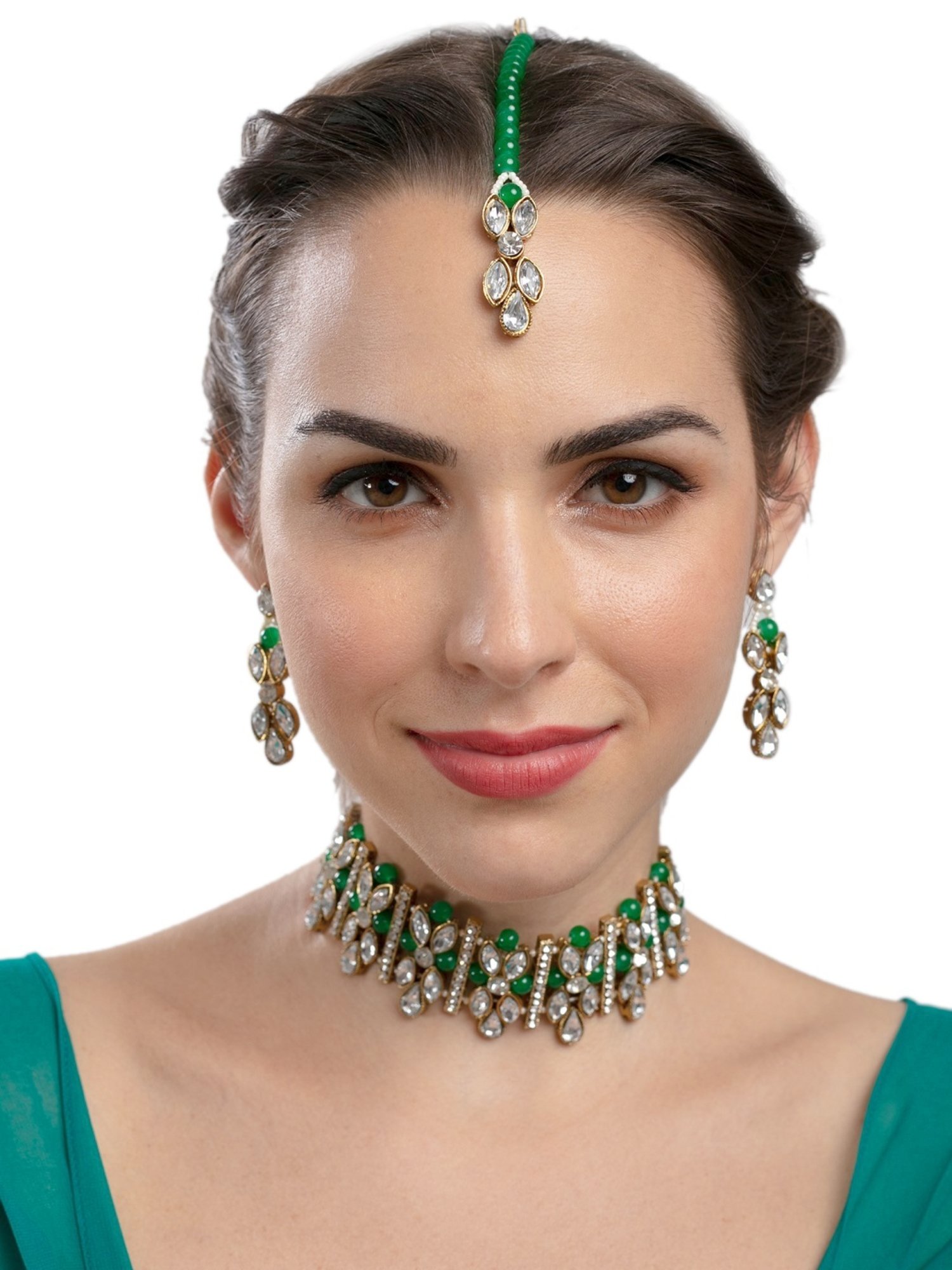 Zaveri Pearls Crystal Shine Stones & Green Beads Choker Necklace Earring Maangtikka-ZPFK9366