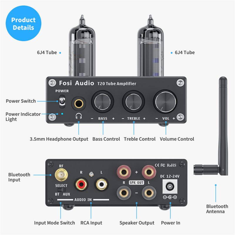 T20 Bluetooth Tube Amplifier Stereo Receiver 2 Channel Class D Digital Mini Hi-Fi Power Amp Preamp Compact Integrated Headphone Amplifier for Home Passive Speakers with 6J4 Vacuum tubes +Power Supply