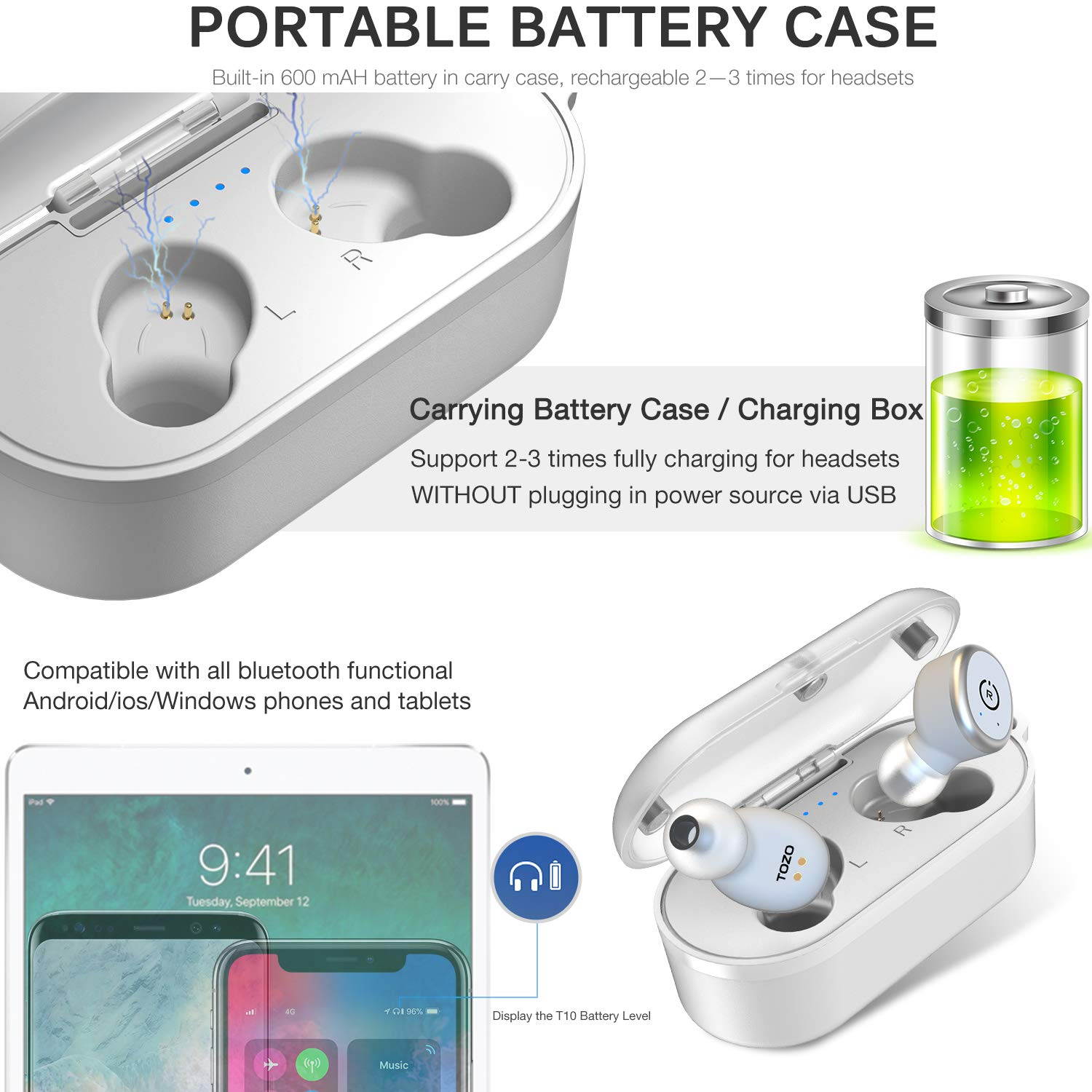 TOZO T10 Bluetooth 5.0 Wireless Earbuds with ?Wireless Charging Case Waterproof TWS Stereo Headphones in-Ear Built-in Mic Headset Premium Sound with Deep Bass for Sport