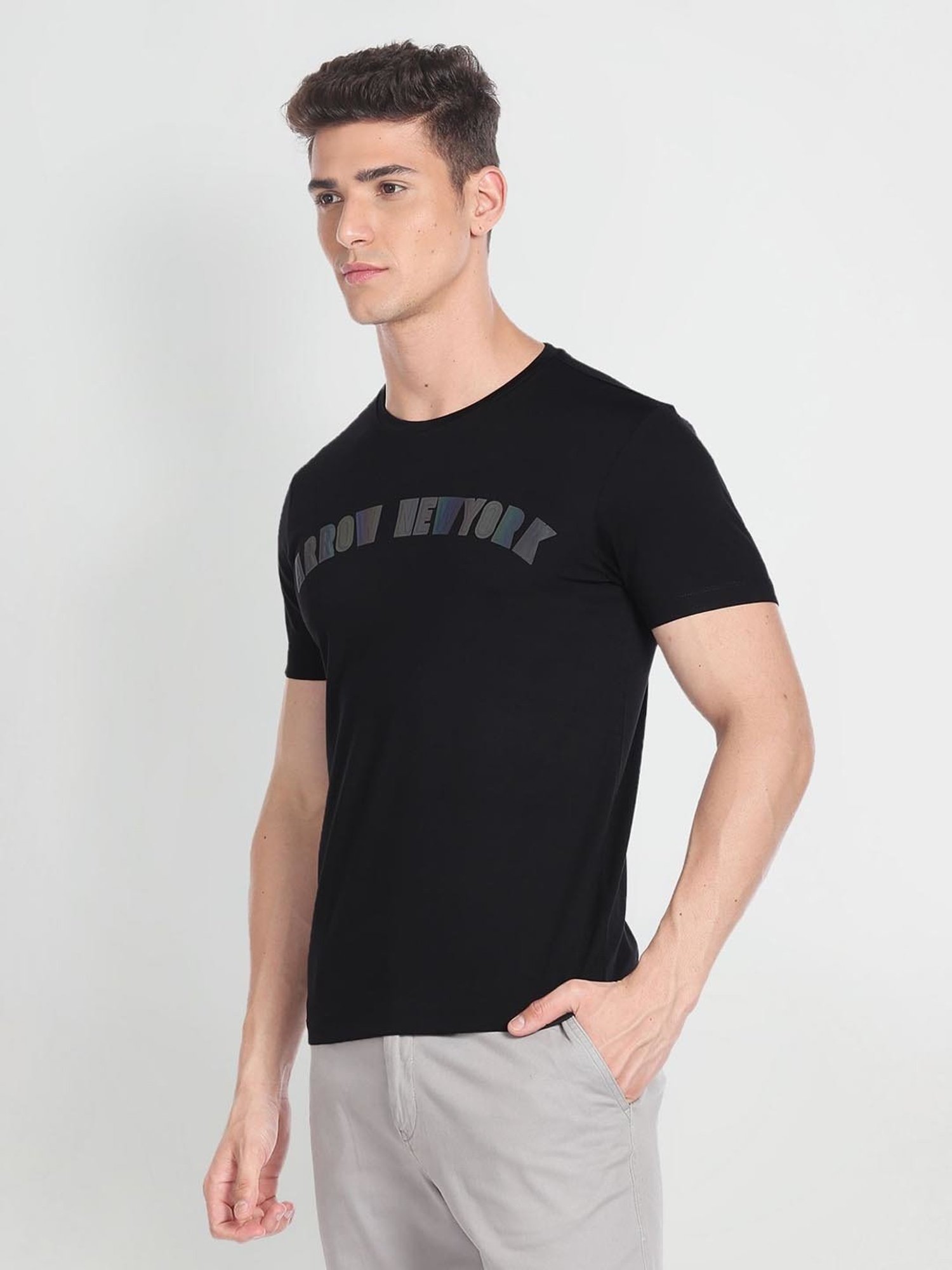 Arrow New York Black Cotton Regular Fit Printed T-Shirt
