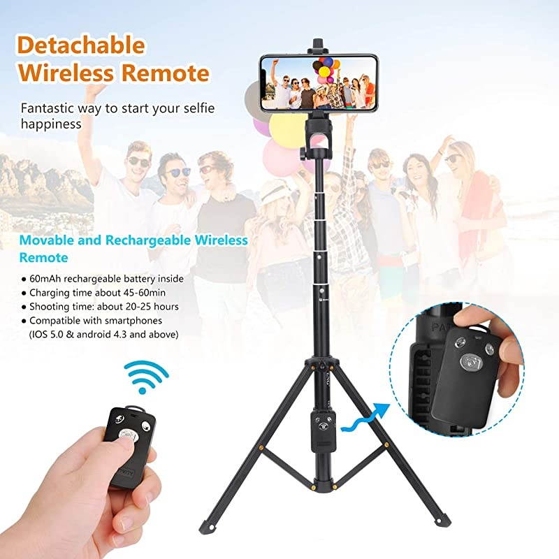 Stick Tripod,54" Extendable Tripod Stand with Cell Phone Mount Holder & Rechargeable Wireless Remote,Lightweight, Compatible with iPhone & Android Phone,Camera,Gopro