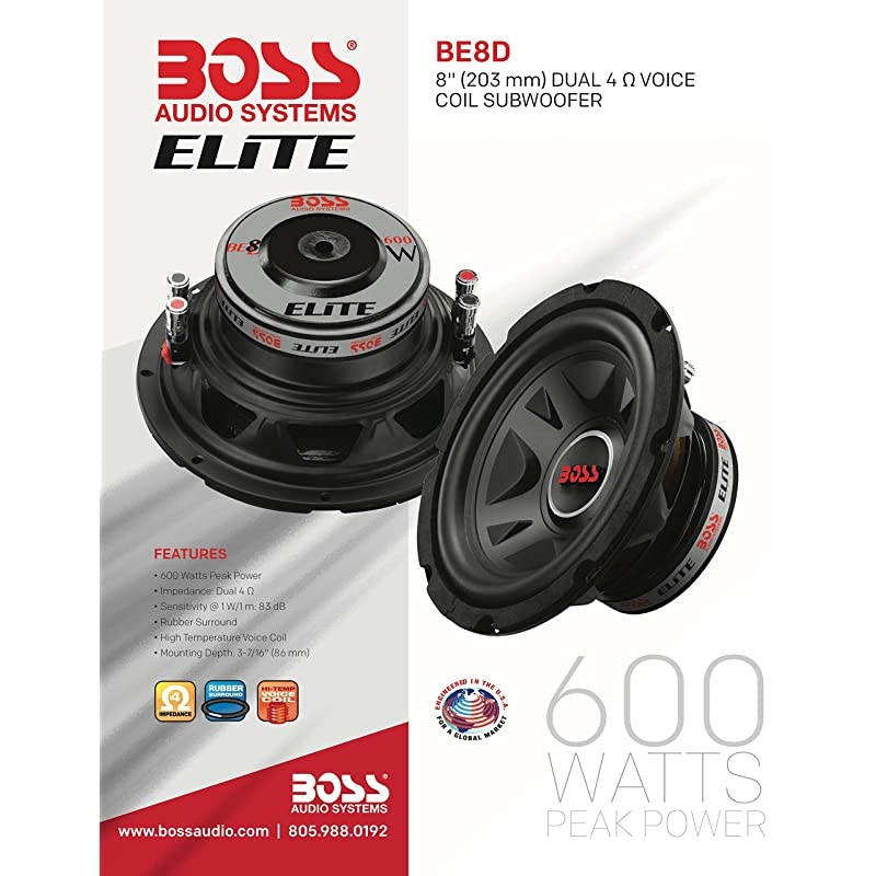 Elite BE8D 8 Inch Car Subwoofer 600 Watts Maximum Power Dual 4 Ohm Voice Coil Sold Individually