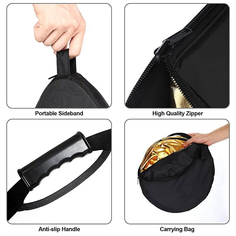 Portable 5-in-1 24 Inch (60cm) Handle Round Reflector Collapsible Multi Disc with Carrying Case for Photography Photo Studio Lighting & Outdoor Lighting