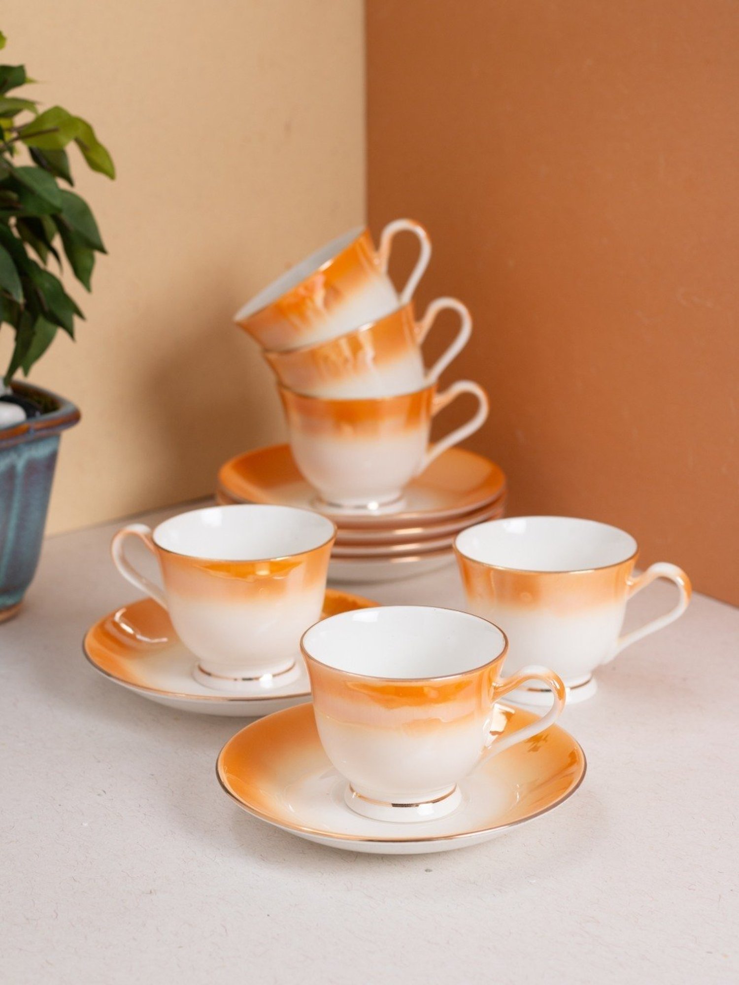 JCPL White & Red Ceramic Cup (0.18 L) - Set of 6