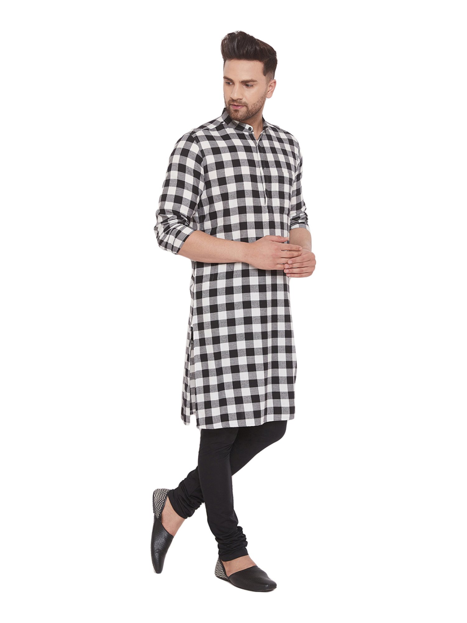 Even Black & White Cotton Regular Fit Checks Kurta
