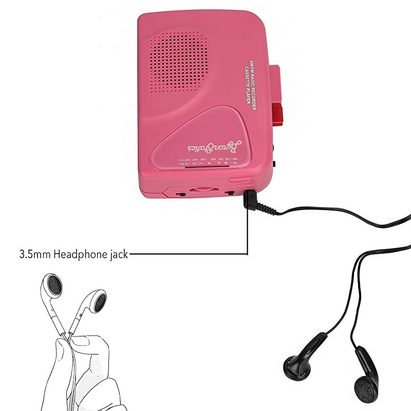 Walkman Cassette Player Portable Cassette Players Recorders Am FM Radio Lightweight Builtin Speaker USB Power Supply or 2 AA Batteries Automatic Stop System Protect Cassette Tape Pink
