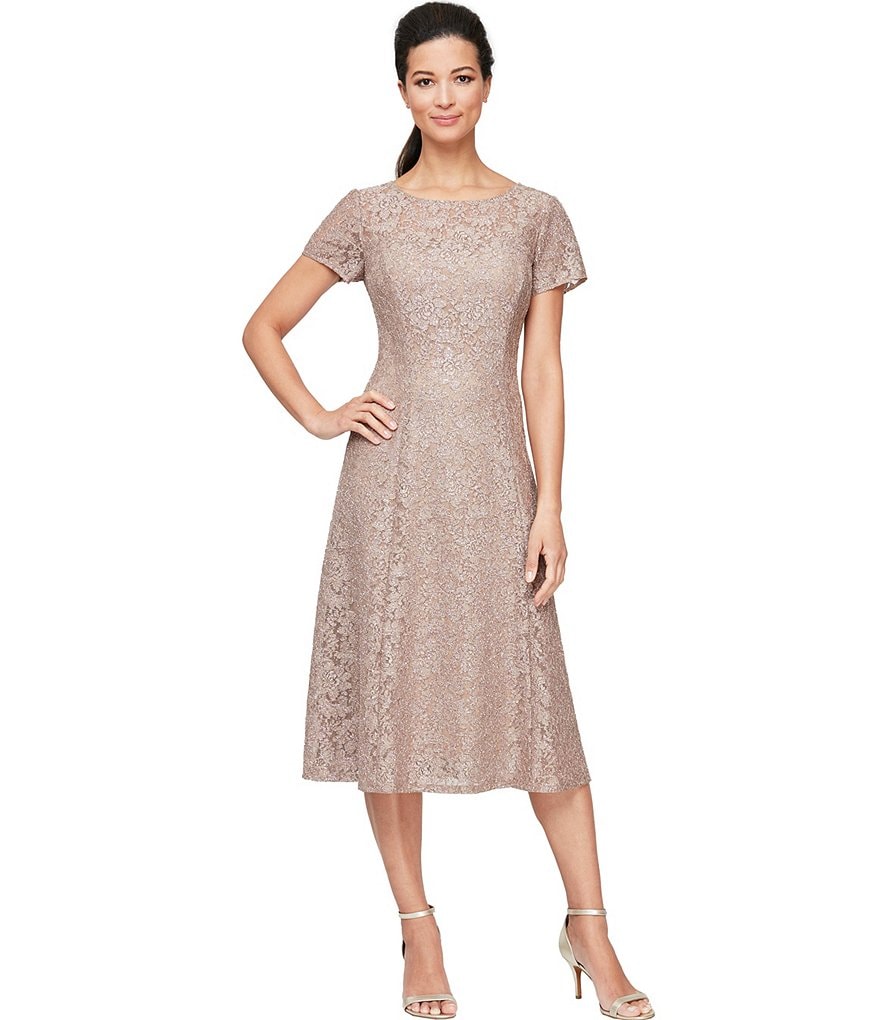 Ignite Evenings Round Neck Short Sleeve Glitter Lace Dress