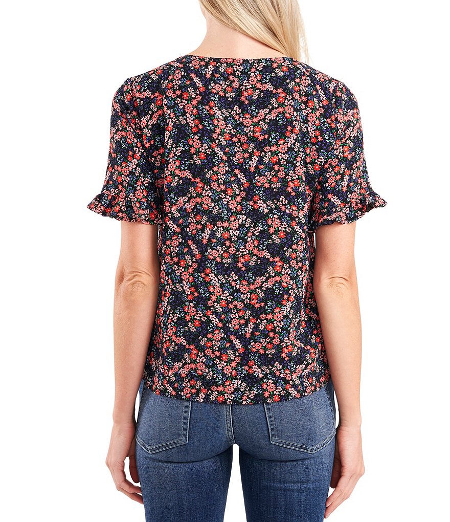 CeCe Short Sleeve Marabella Ditsy Floral Ruffle V-Neck Blouse