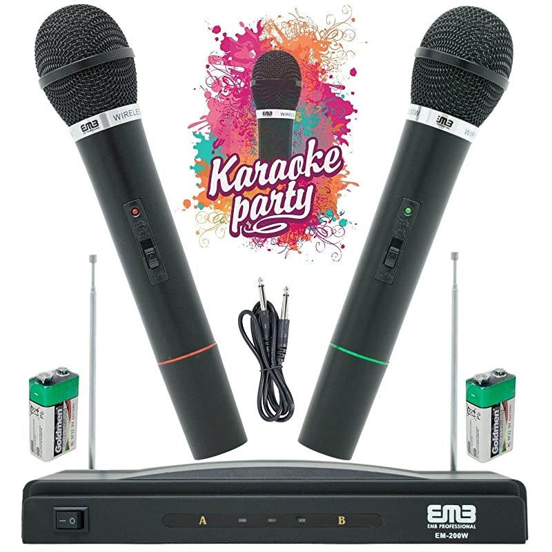 EM-200W Professional Wireless Microphone System Dual Handheld (2 Microphones) 1 Cordless FM Receiver Including 1X 1/4" Jack Cable/Frequency Range: FM121.7-128.7MHz