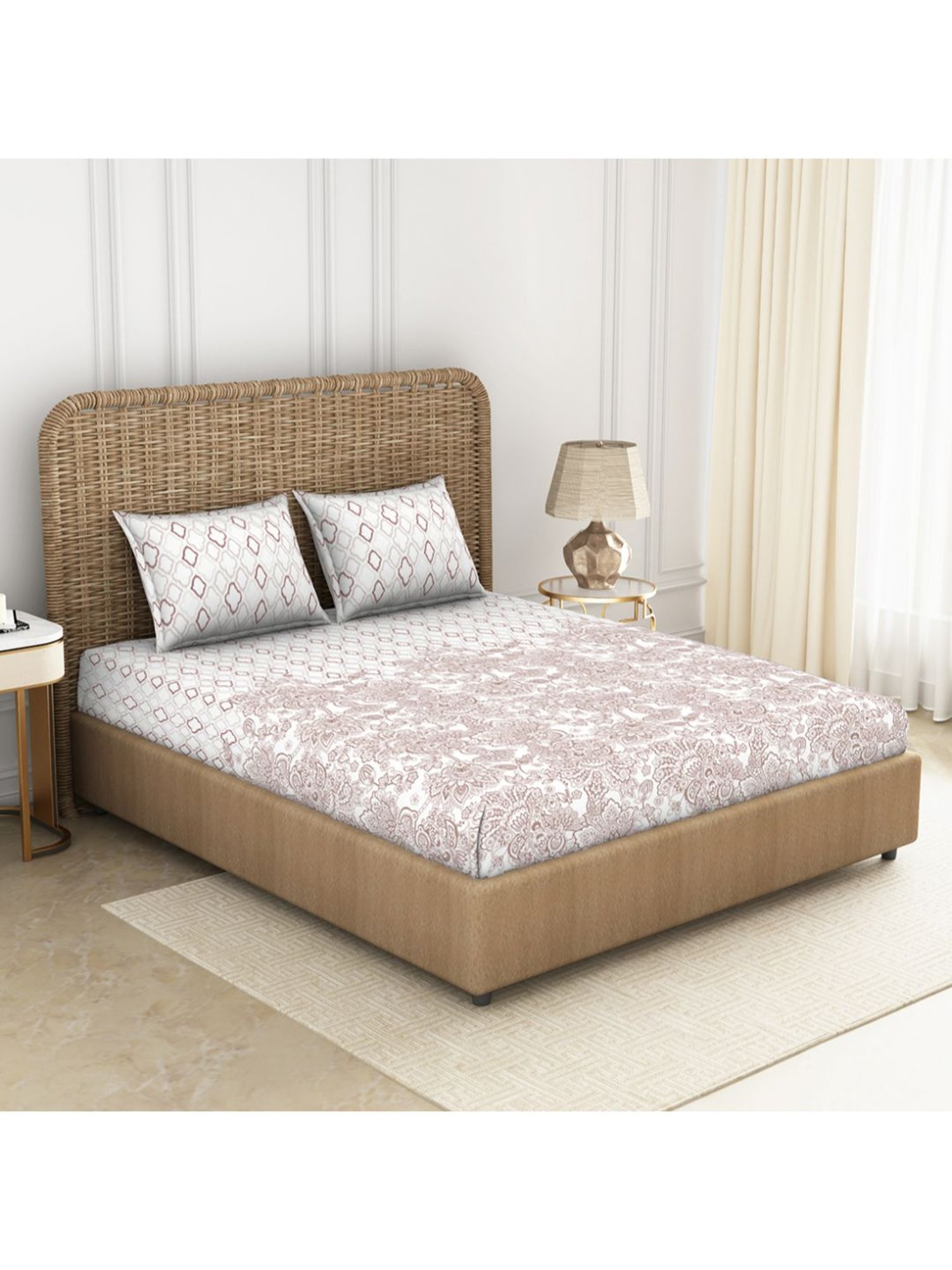 Spaces Red 144 TC Cotton Printed Double Bed Sheet with 2 Pillow Covers