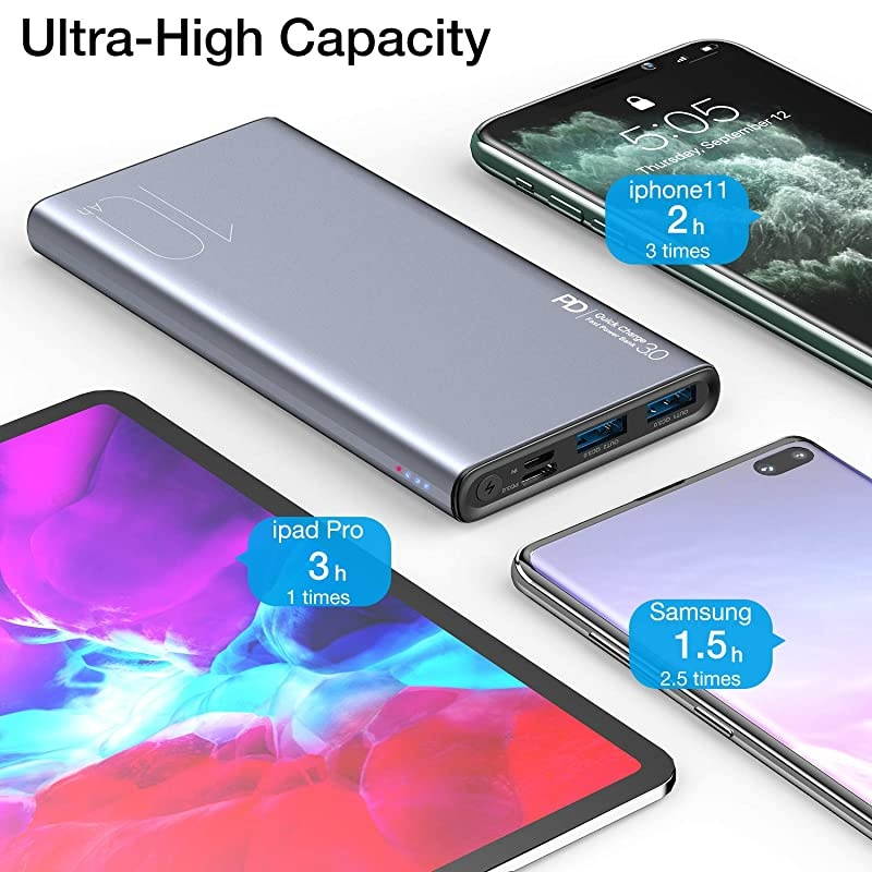 WB1 PD Portable Charger 10000mAh Slim and Light Fast Power Bank 18W High Charging Speed External Battery Pack with USB C Input/Output Compatiable for iPhone,iPad,Samsung,Gray