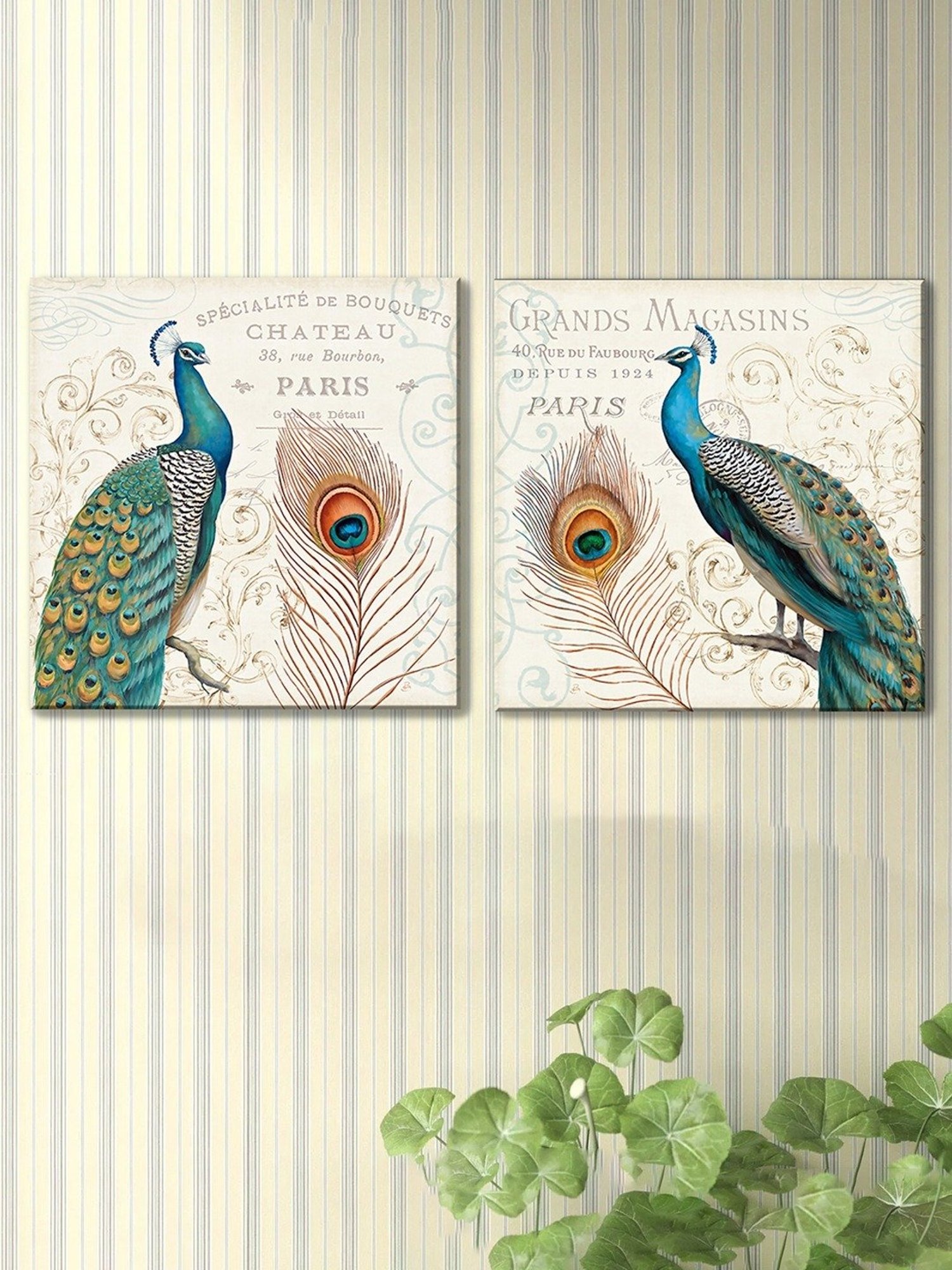 Art Street Peacock Printed Multicolor Cotton Canvas Wall Art - Set Of 2