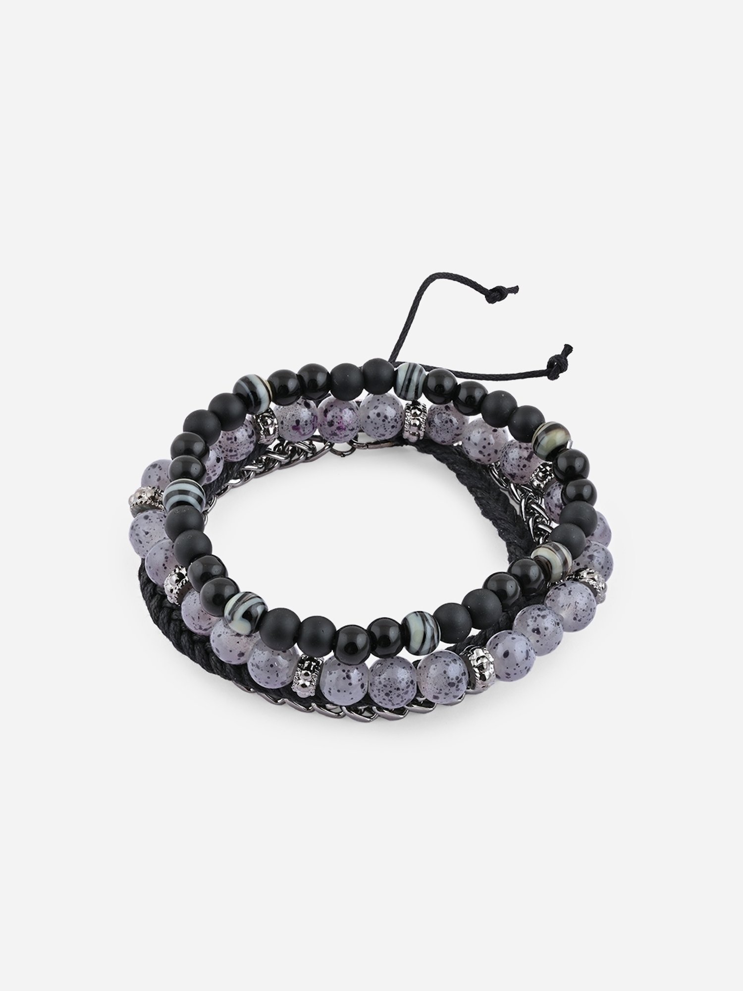 The Bro Code Grey Casual Party Men's Beaded with Fabric Knotted Stack Bracelet - Set of 4