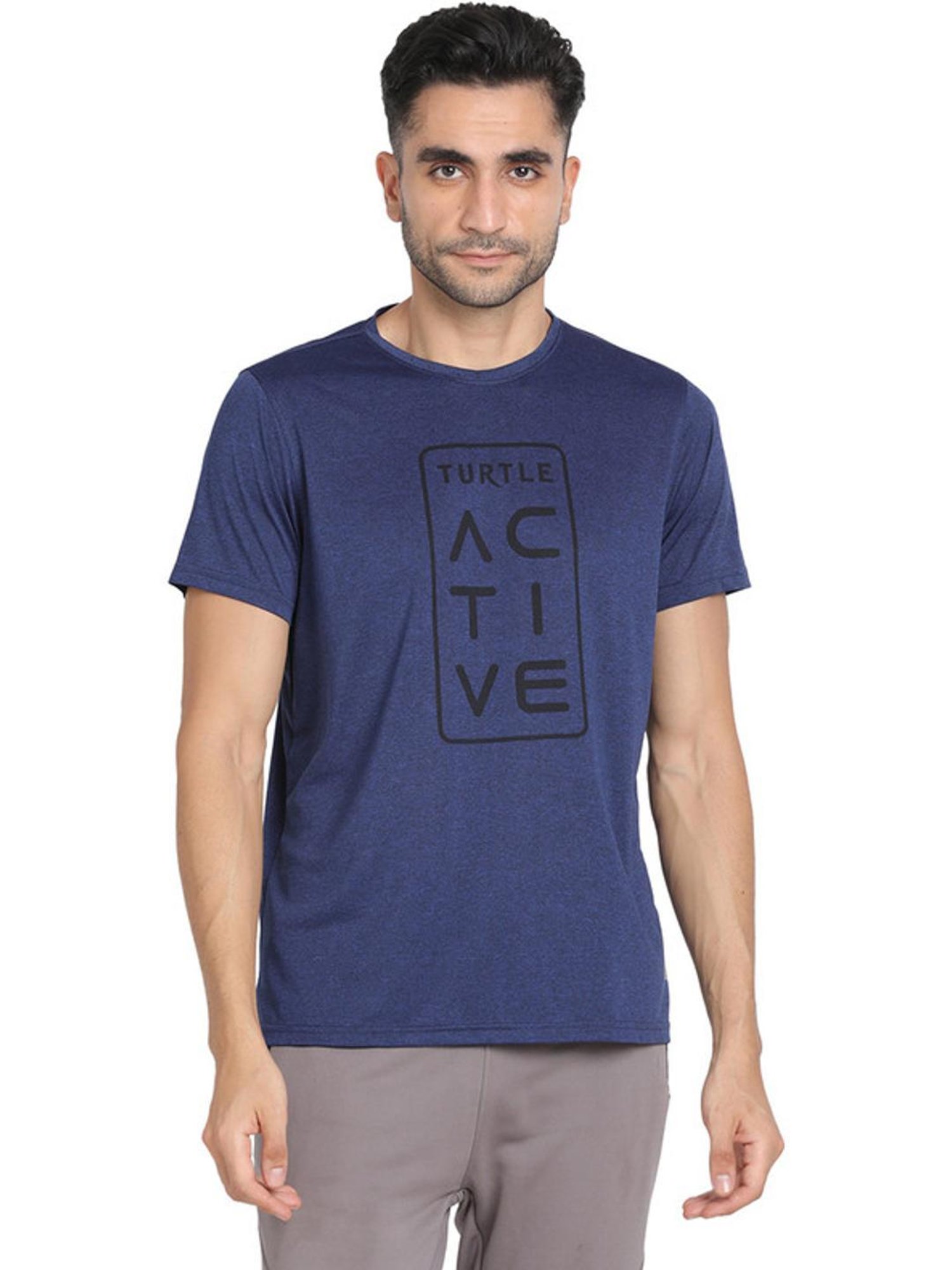 Turtle Blue Slim Fit Printed Sports T-Shirts