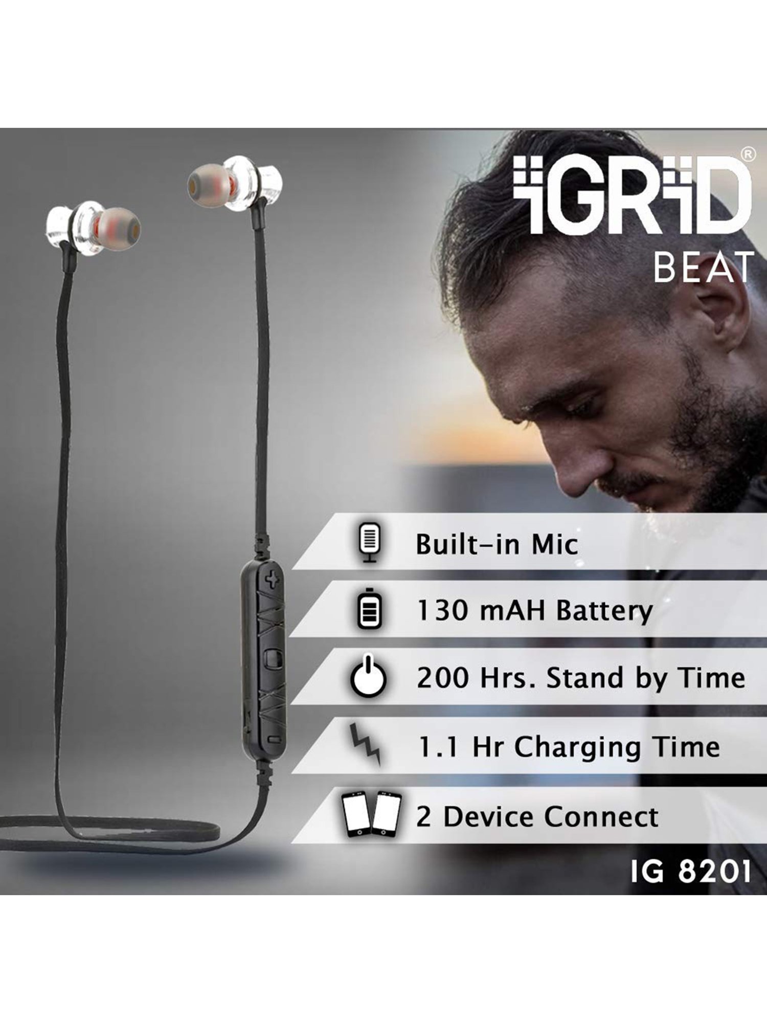 iGRiD Beat Wireless Neckband with Mic (IG-8201, Black)