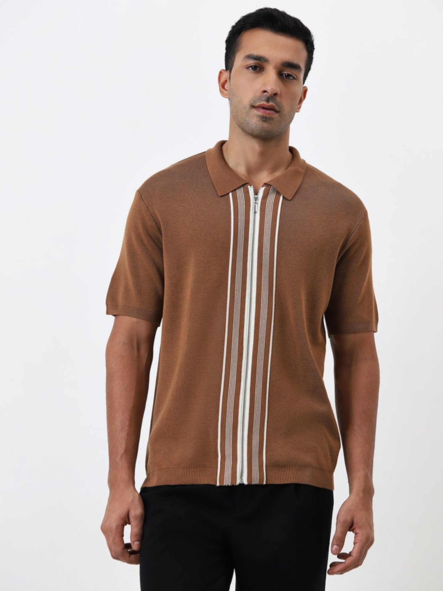 Ascot by Westside Tan Striped Relaxed Fit T-Shirt