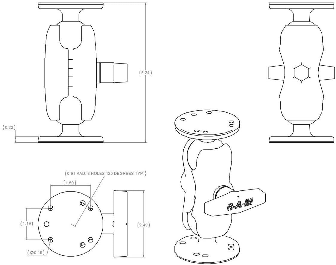 RAM MOUNTS (RAM-B-101U-A 1" Diameter Ball Mount with Short Double Socket Arm & 2/2.5" Round Bases That Contain The Amps Hole Pattern