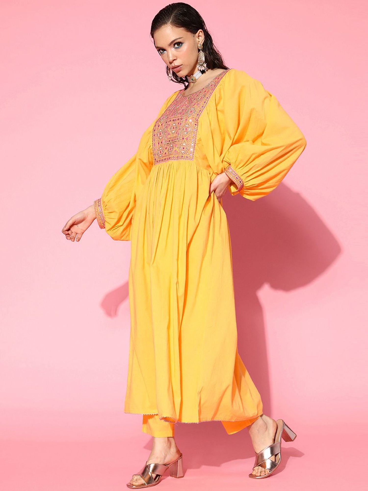 Prakrti Yellow Cotton Embroidered Kurta Pant Set