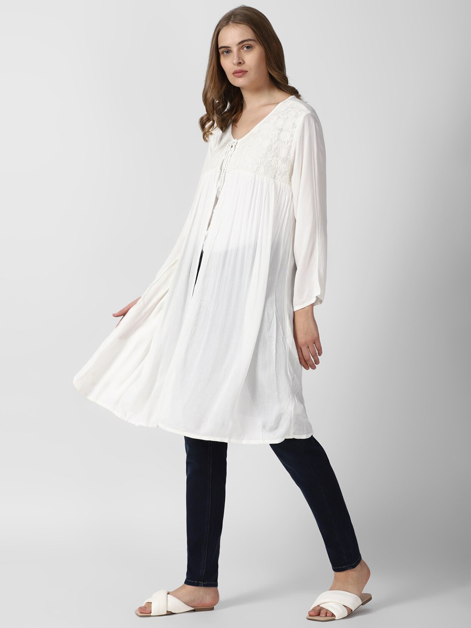 Van Heusen White Cotton Embroidered Shrug