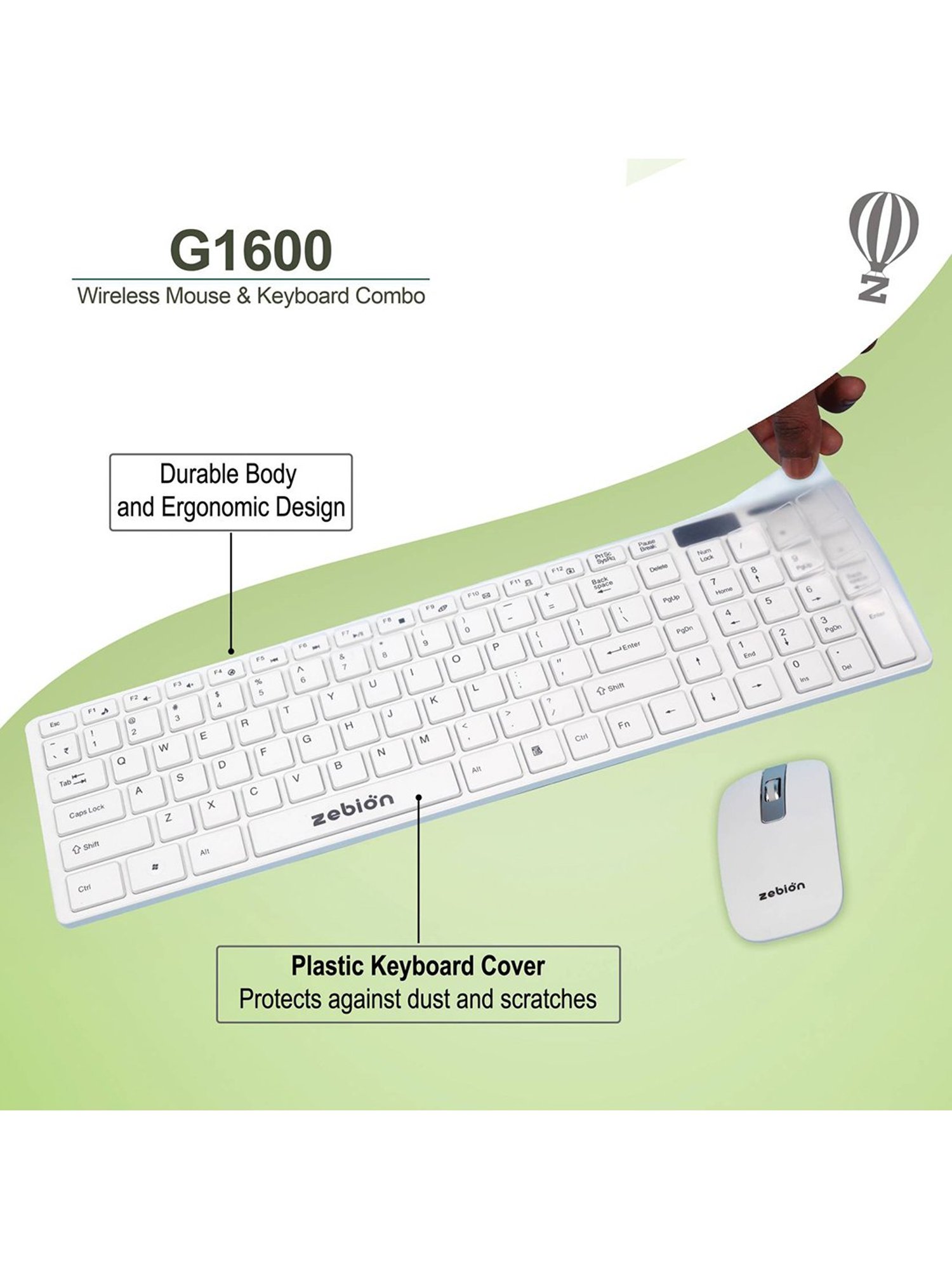 Zebion Slimfit G1600 Wireless Keyboard & Mouse Combo (White)