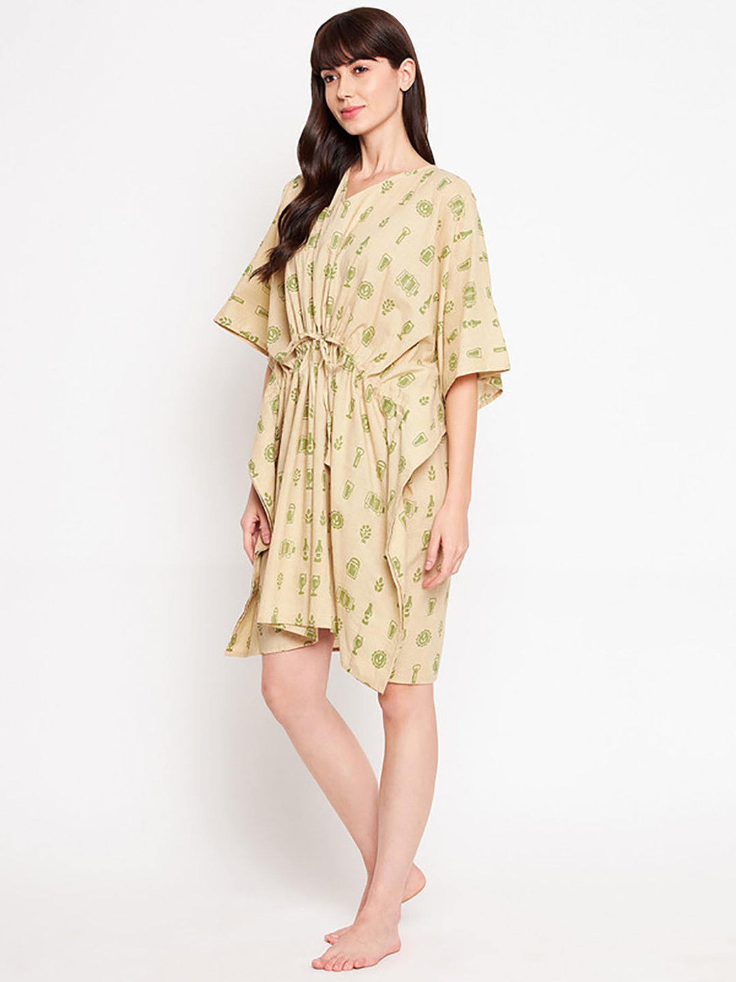 Secrets By ZeroKaata Beige Pure Cotton Printed Short Kaftan Cover Up Dress