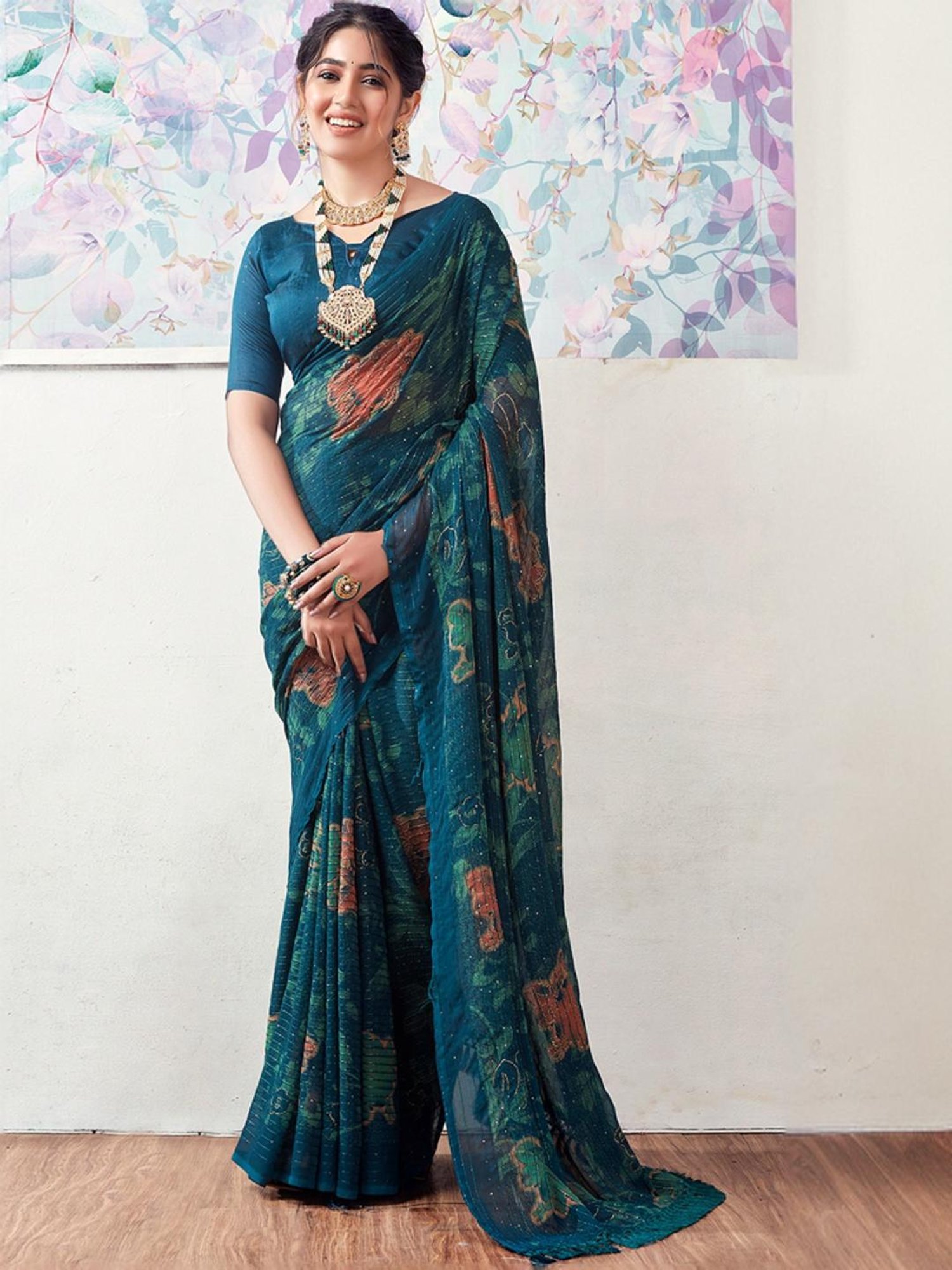 Satrani Blue Floral Print Saree With Unstitched Blouse