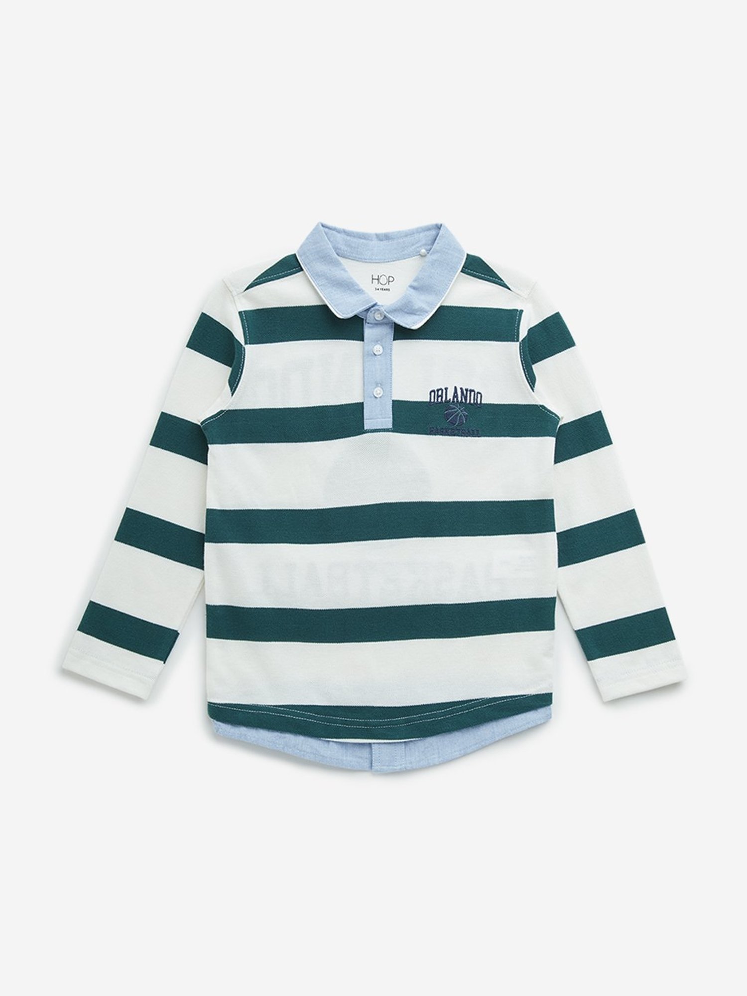 HOP Kids by Westside Green & White Striped Cotton Polo T-Shirt