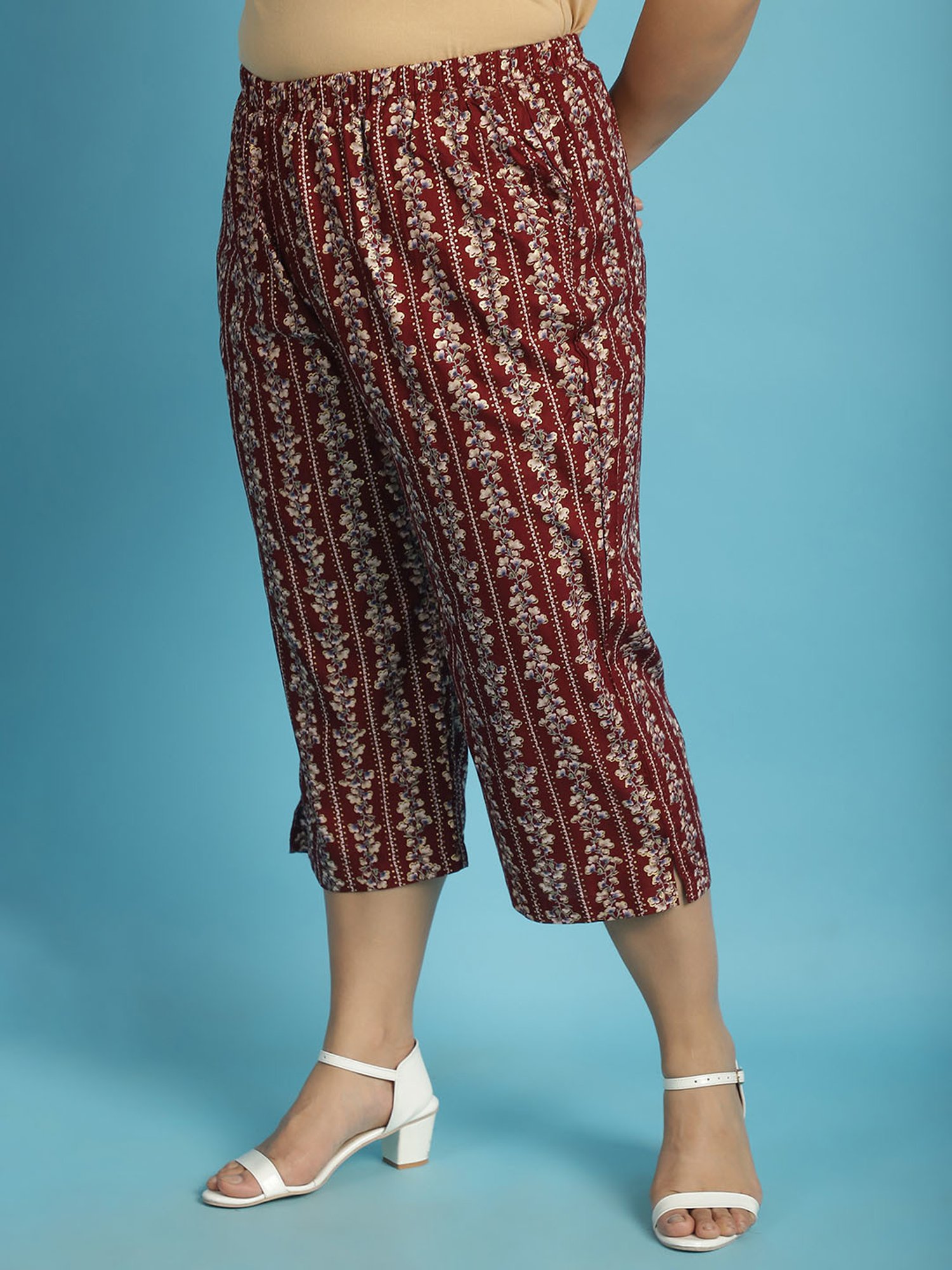 theRebelinme Maroon Floral Print High Rise Capris