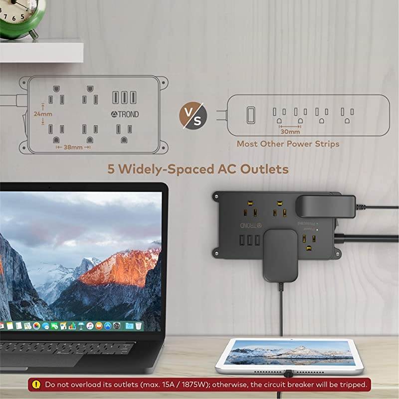 Surge Protector Power Strip with USB ETL Listed  5 WidelySpaced Outlets 3 USB Ports 1300 Joules LowProfile Flat Plug 10ft Extension Cord Wall Mountable Black