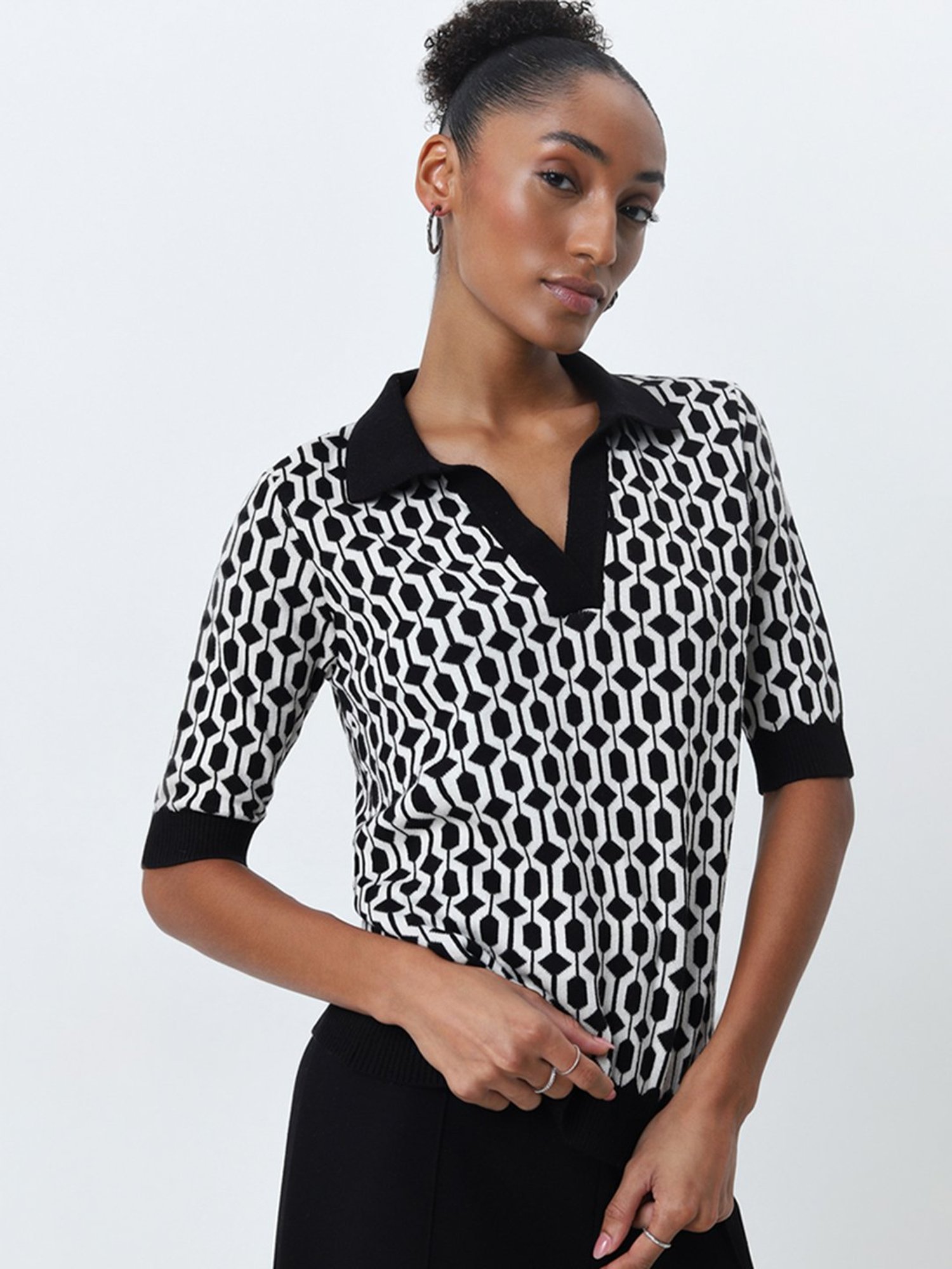 Wardrobe by Westside Black Geometric Printed Knitted Cotton Top