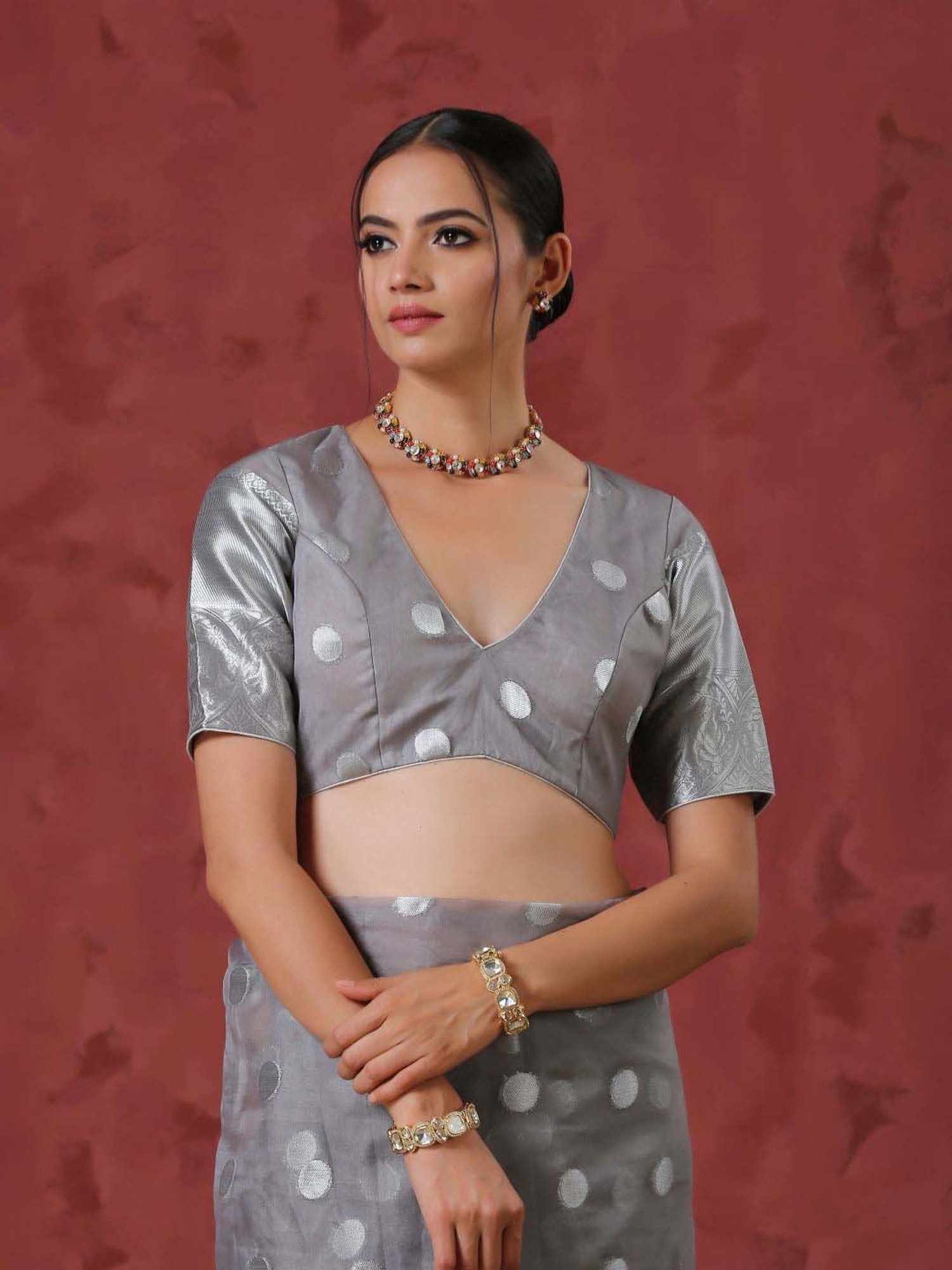 Swtantra Grey Woven Pattern Readymade Blouse