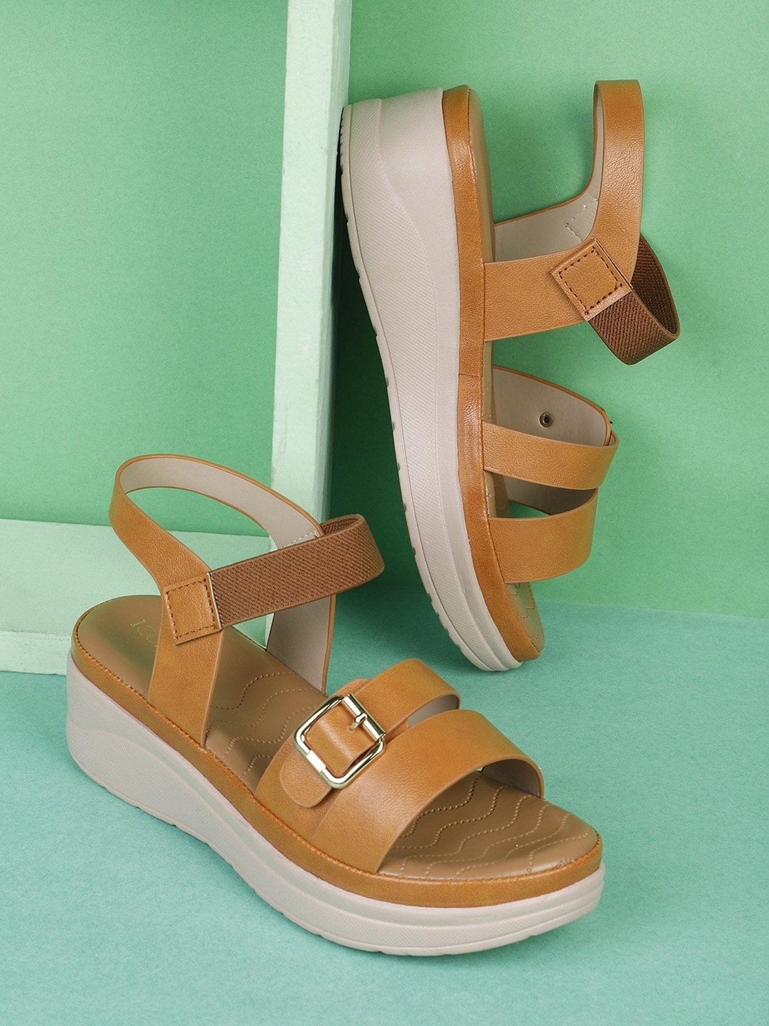 Iconics Women's Tan Ankle Strap Wedges