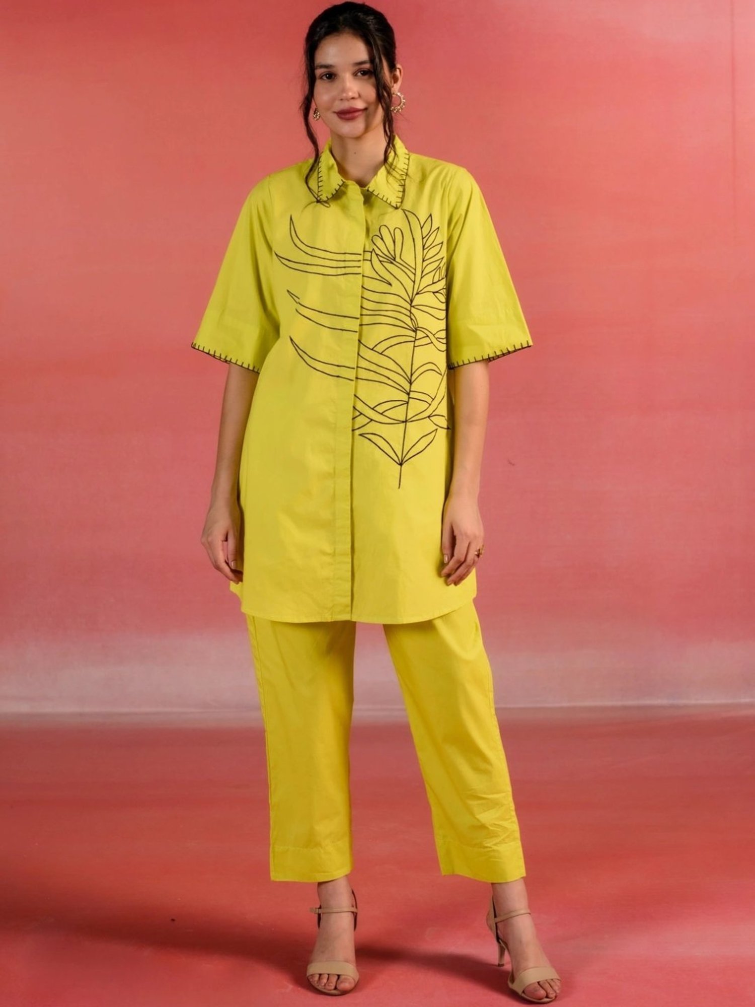 Kameez by Pooja Lemon Yellow Embroidered Poplin Shirt with Pant Co-ord Set
