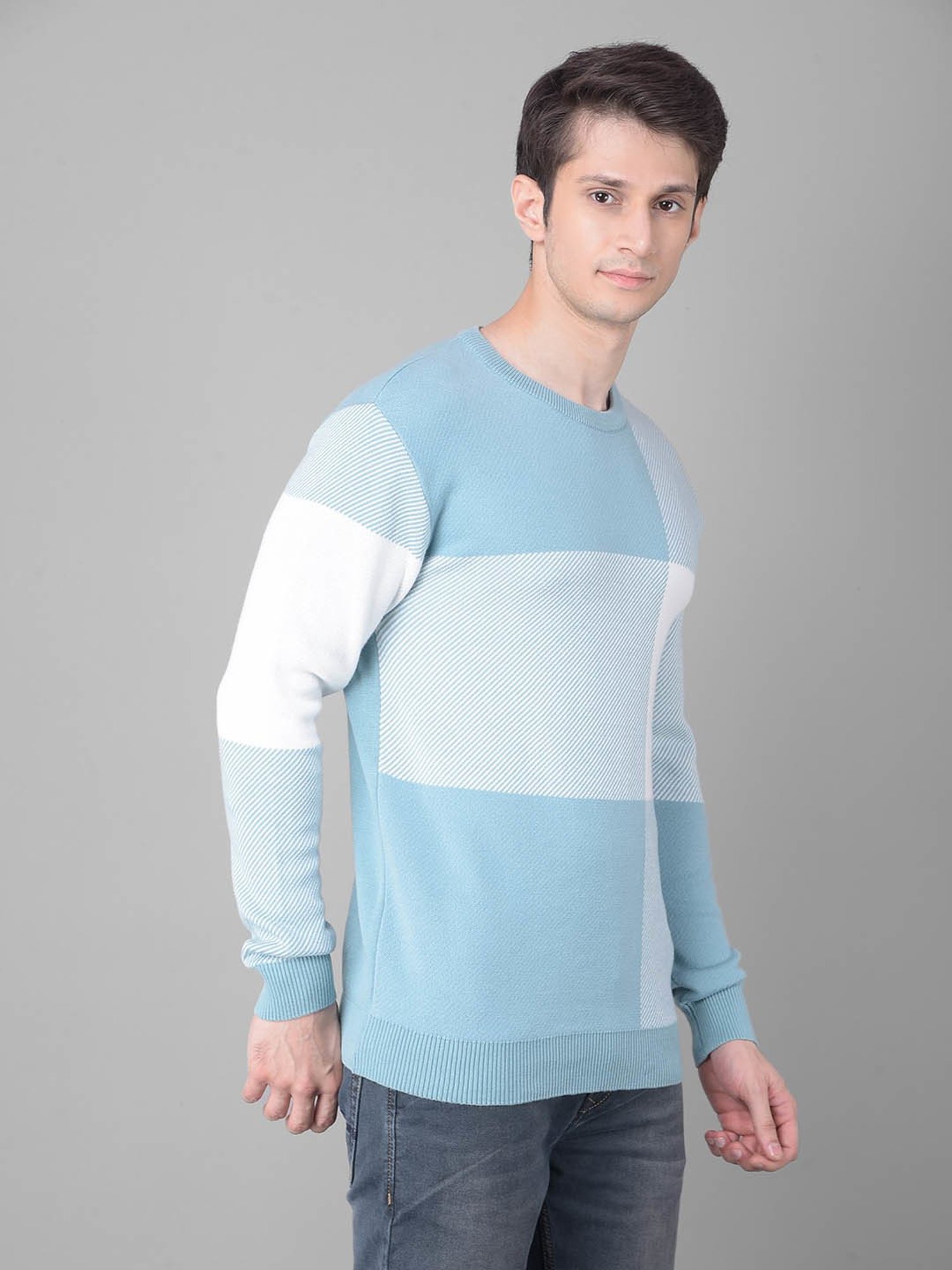 Crimsoune Club Blue Cotton Regular Fit Checks Sweater