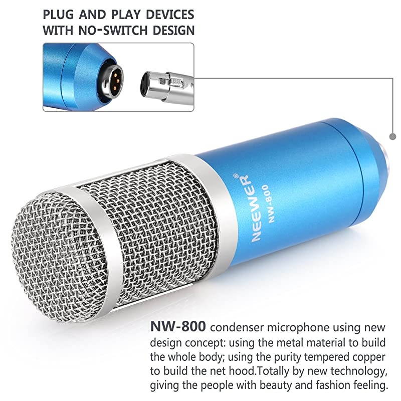 NW800 Professional Studio Microphone Set Including 1NW800 Professional Condenser Microphone 1Microphone Shock Mount 1Balltype Antiwind Foam Cap 1Microphone Power Cable Blue