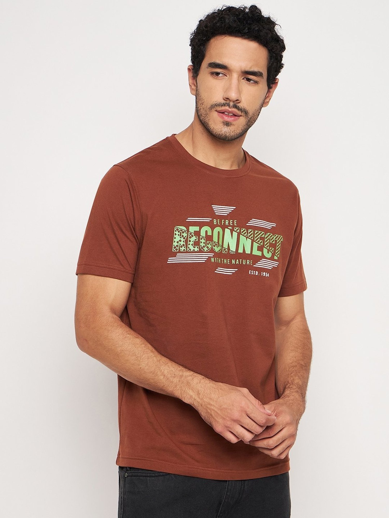 Club York Brown Cotton Regular Fit Printed T-Shirt
